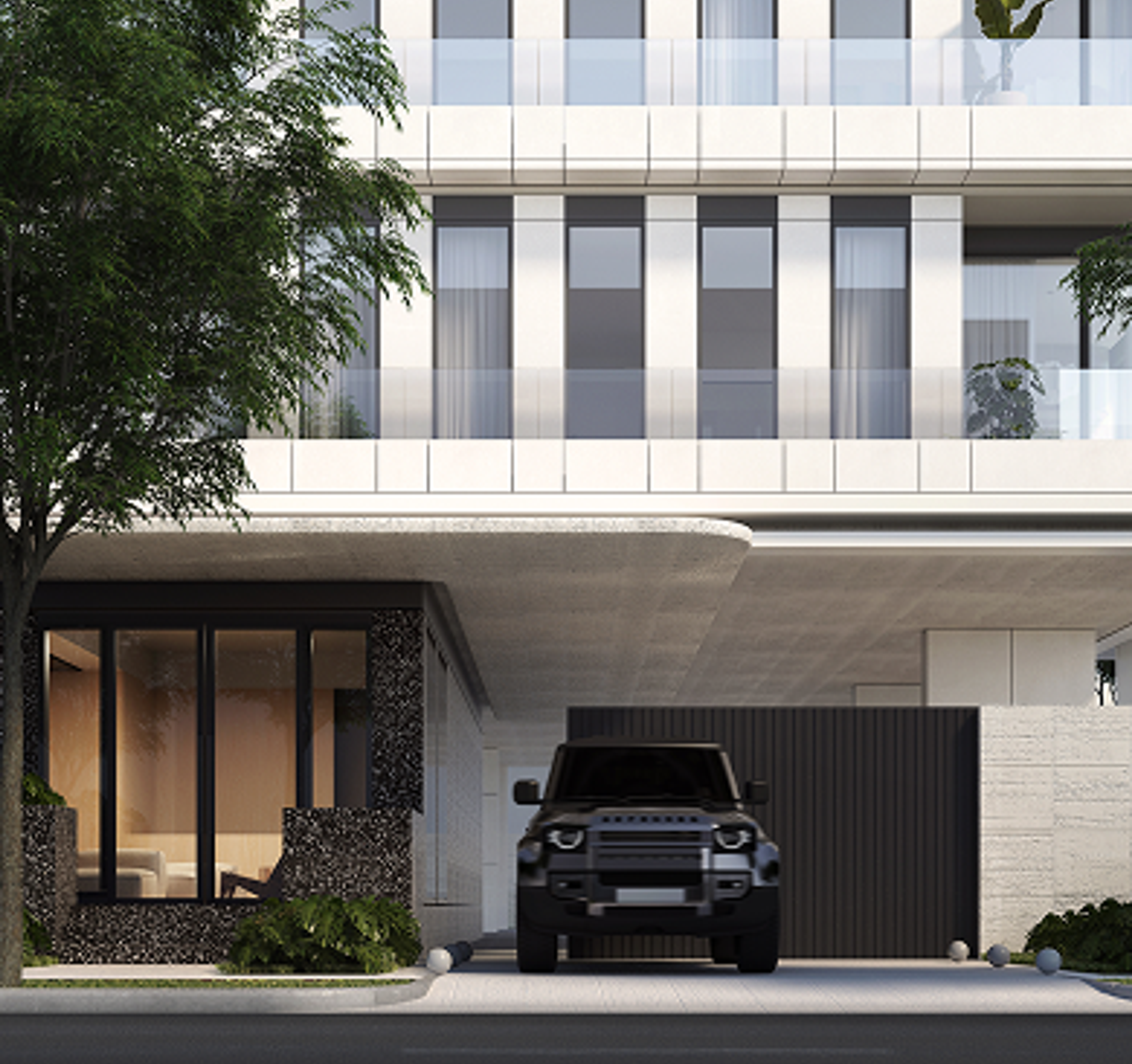 Render de la entrada en planta baja de Altana y el camino de acceso con portón entre dos árboles, con una camioneta SUV oscura estacionada en la puerta