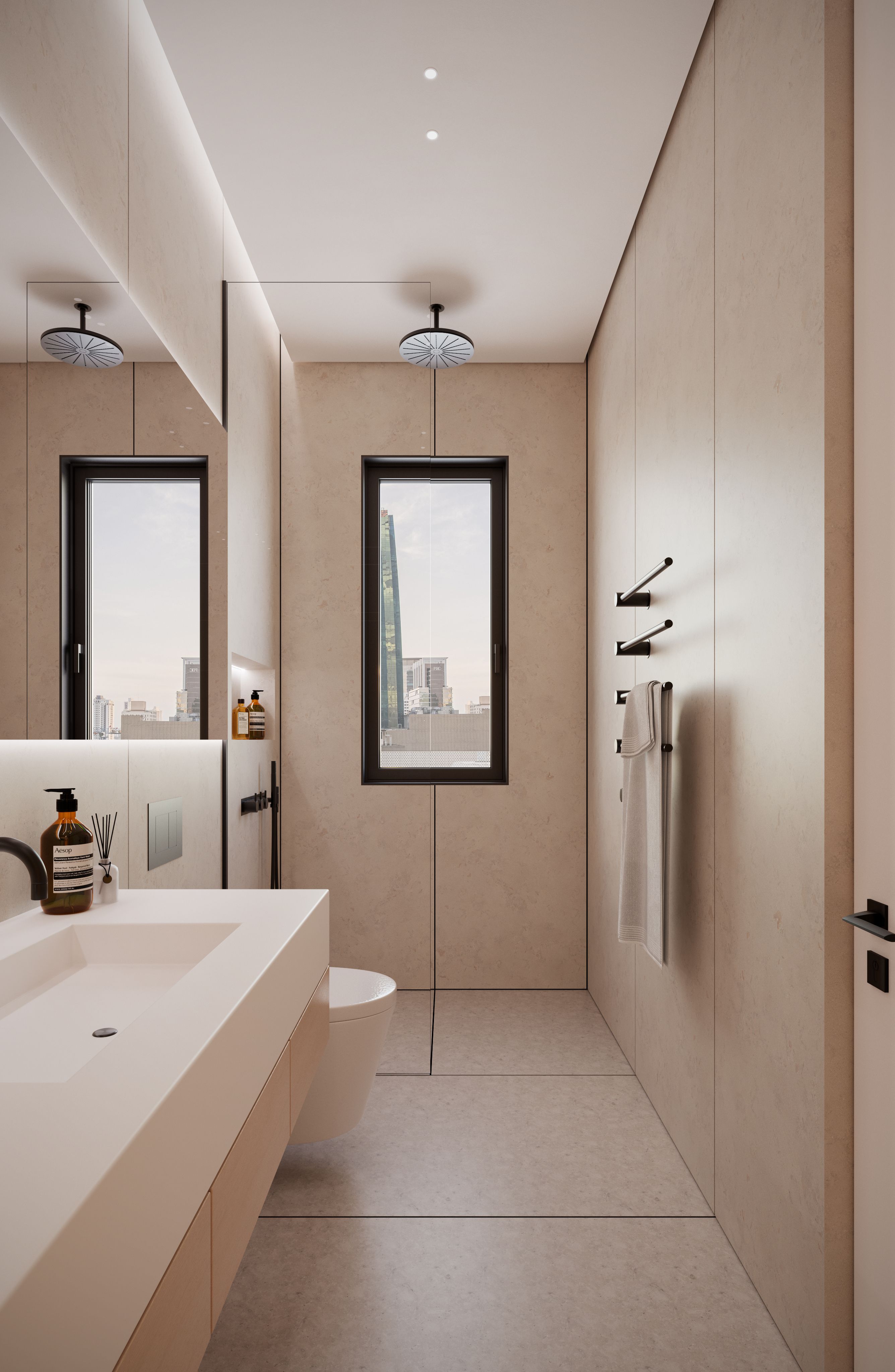 Render de un baño ensuite minimalista en piedra beige cálida, con tocador flotante, ducha walk-in y vista a la ciudad a través de una ventana angosta