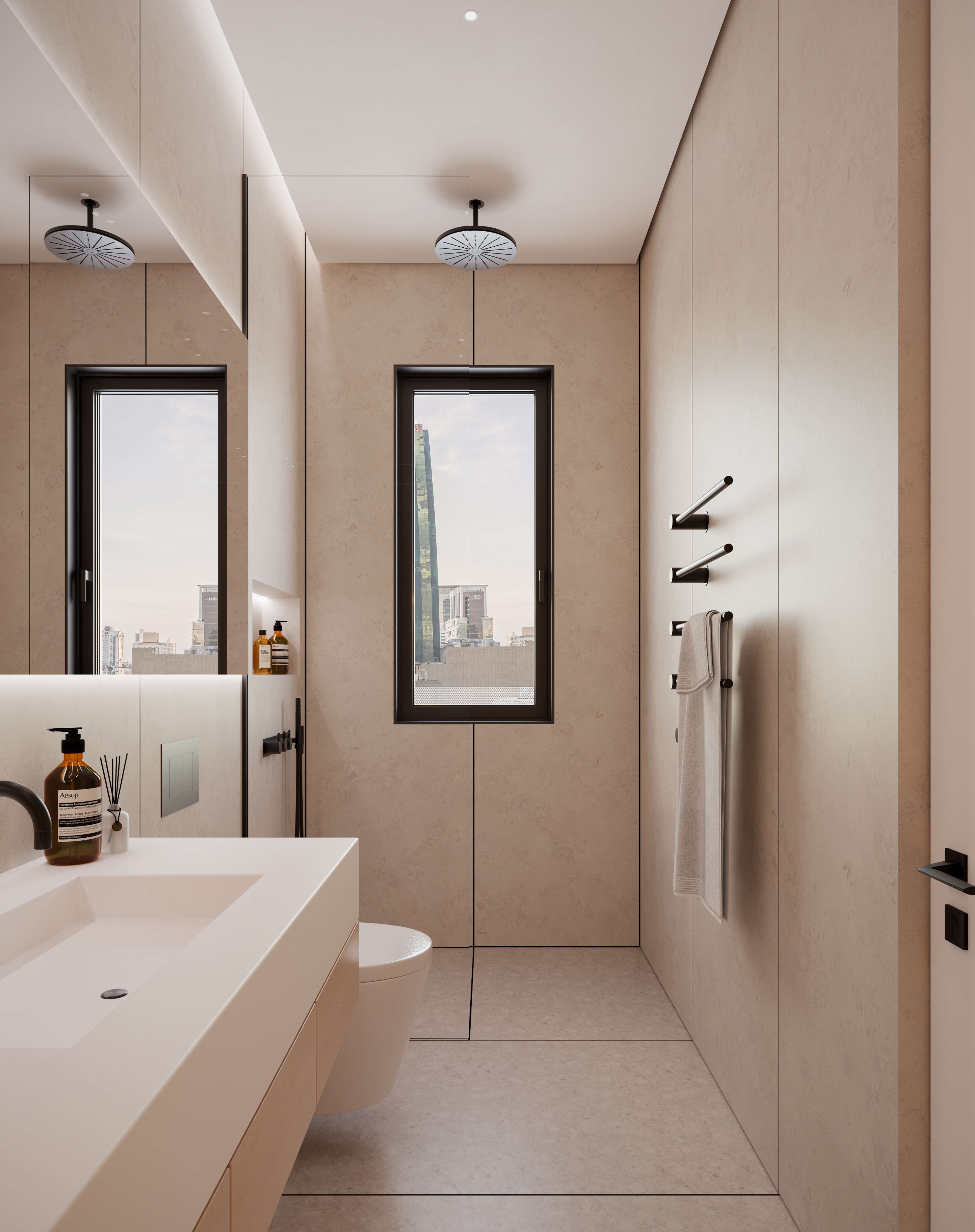 Render de un baño ensuite minimalista en piedra beige cálida, con tocador flotante, ducha walk-in y vista a la ciudad a través de una ventana angosta