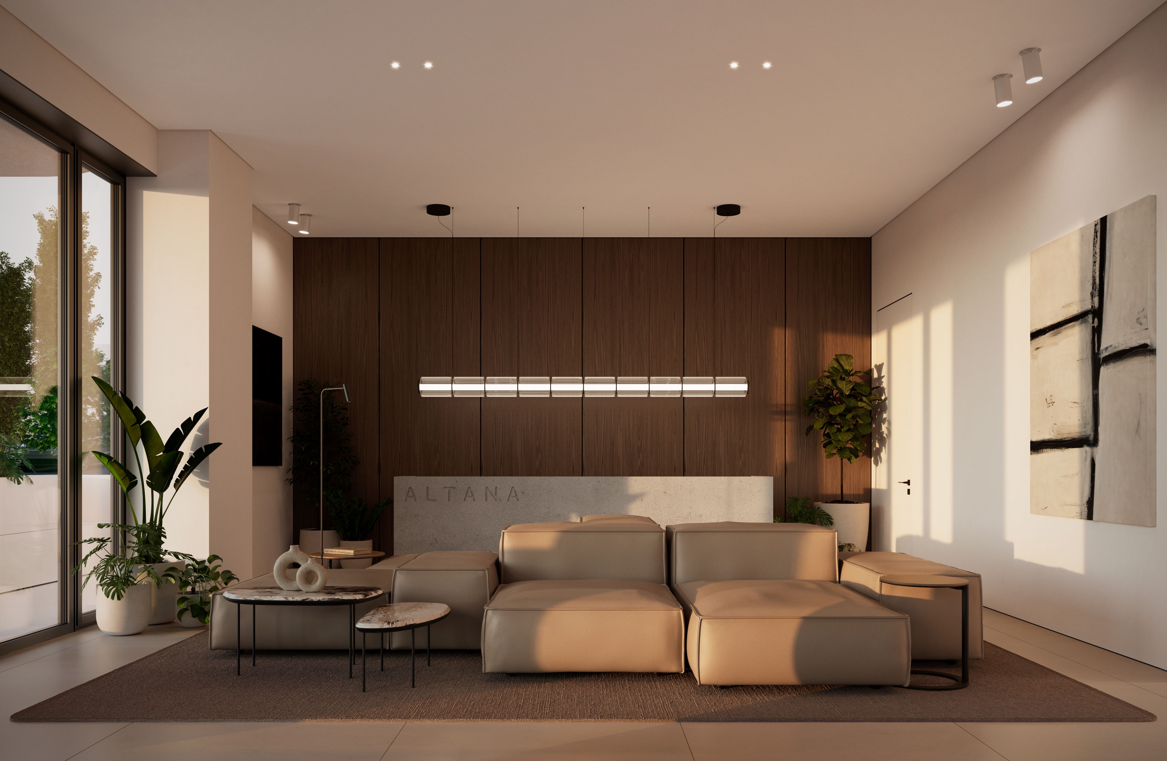 Render del lobby lounge de Altana con un sofá modular bajo, lámpara colgante lineal y un muro de madera oscura como elemento destacado