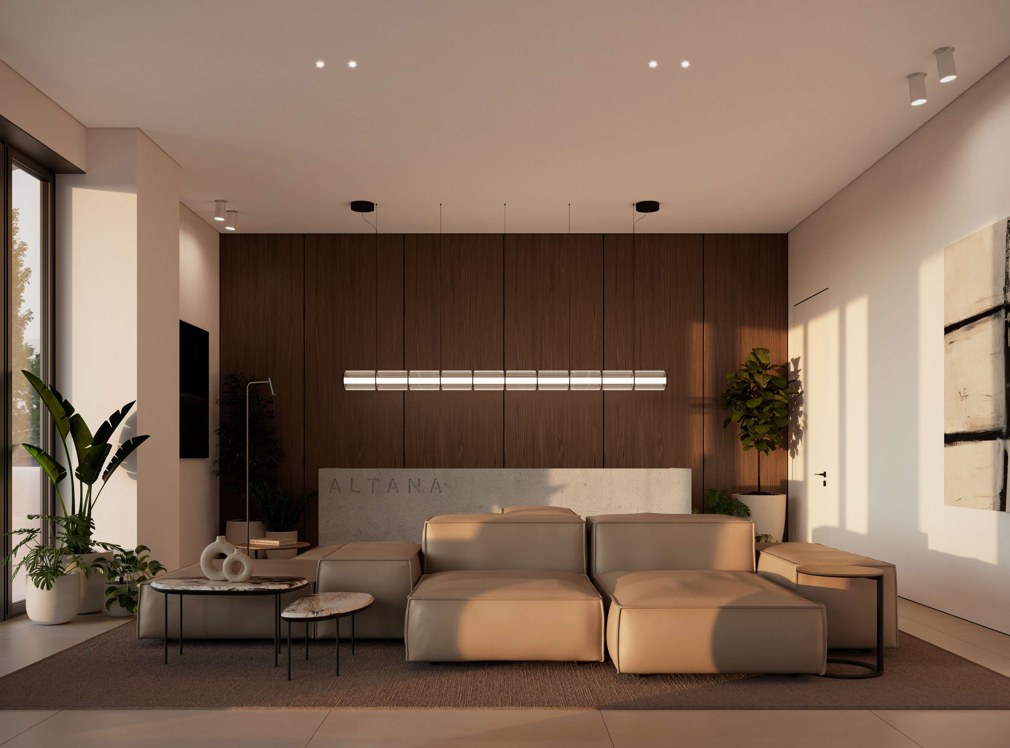 Render del lobby lounge de Altana con un sofá modular bajo, lámpara colgante lineal y un muro de madera oscura como elemento destacado