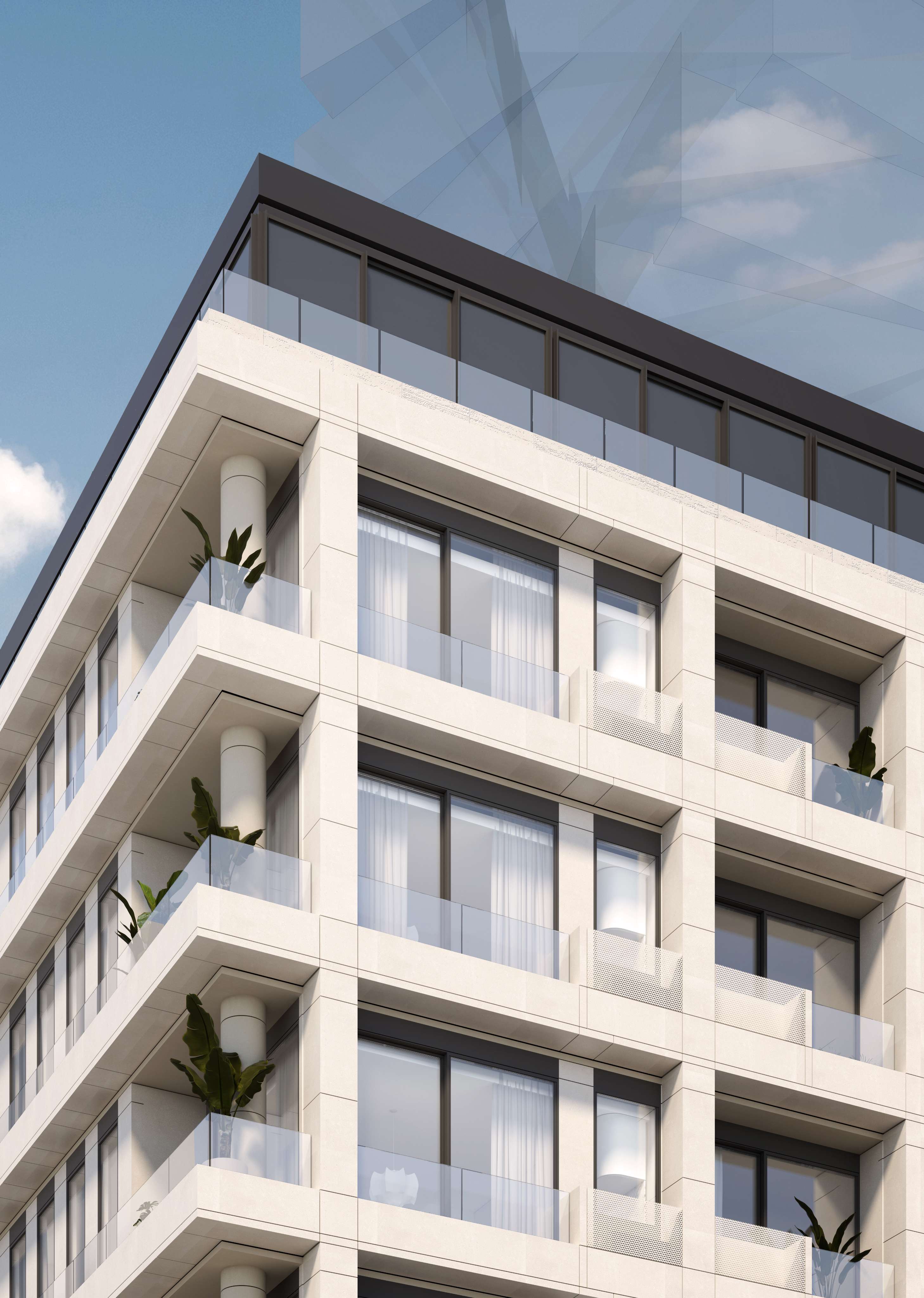 Render en primer plano de la fachada de Altana, mostrando las terrazas blancas y nítidas, ventanales de piso a techo y plantas en macetas contra un cielo azul