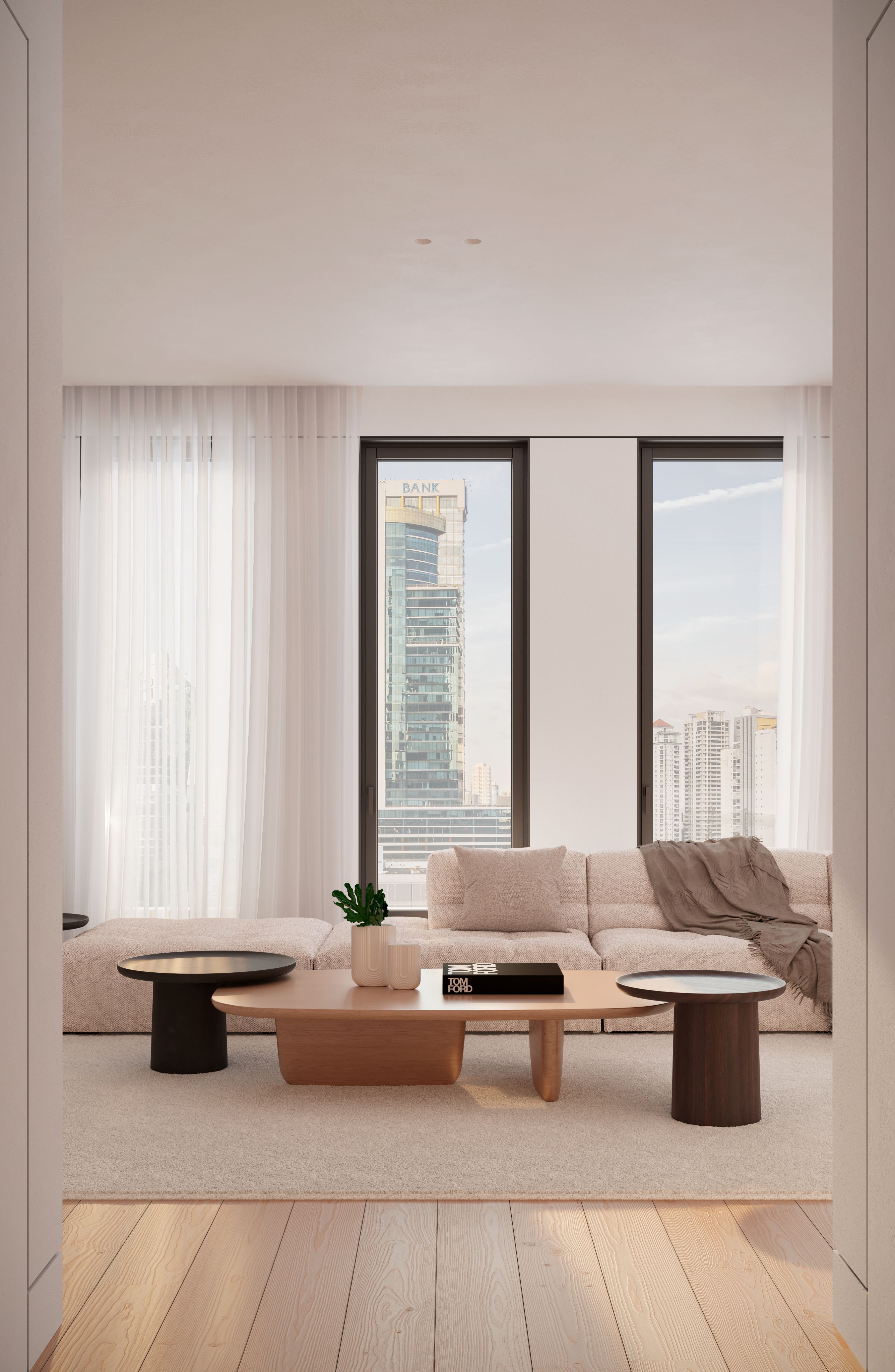 Render de un lounge para residentes con sofás de cuero color camel frente a una estantería iluminada con libros y objetos