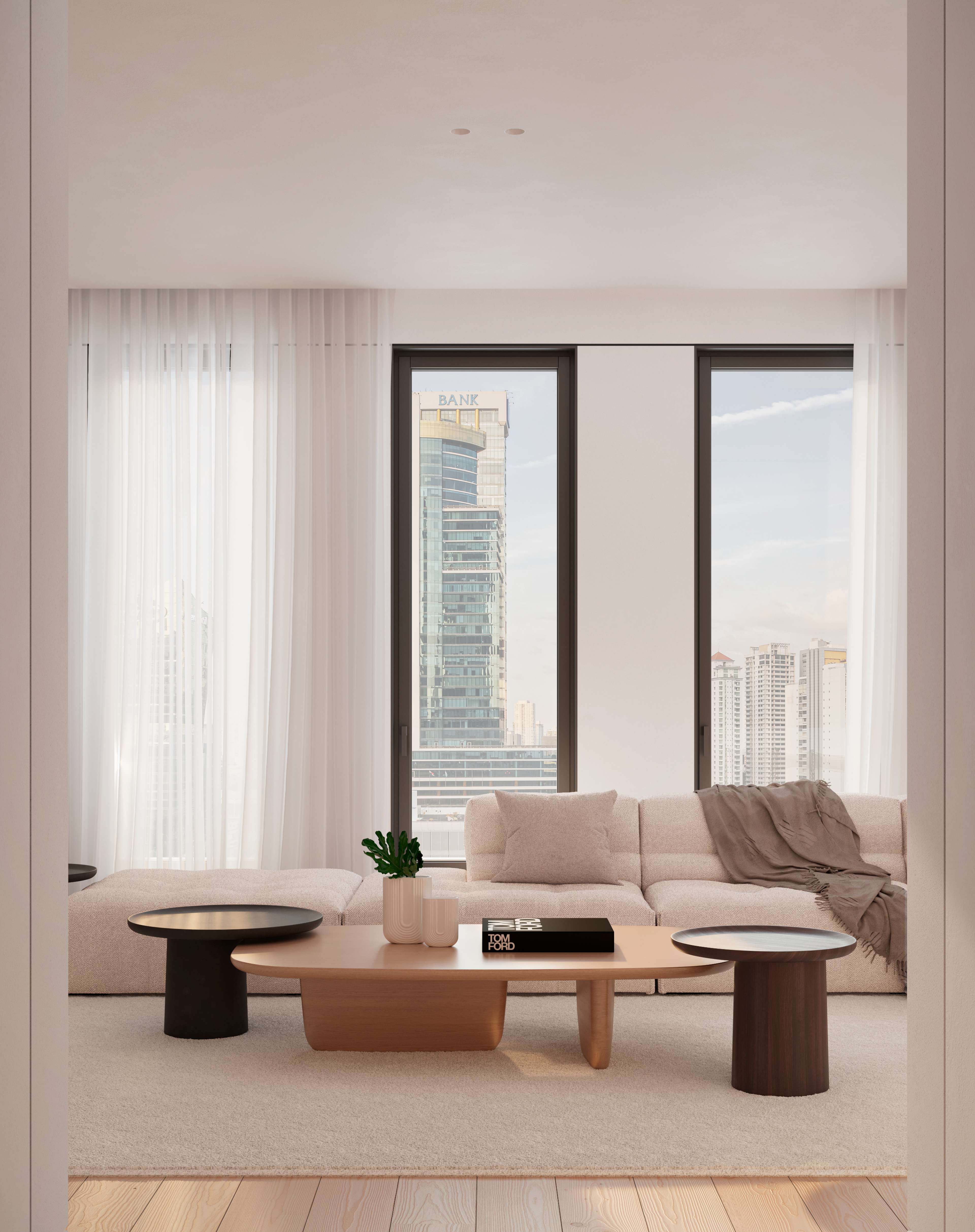 Render de un lounge para residentes con sofás de cuero color camel frente a una estantería iluminada con libros y objetos