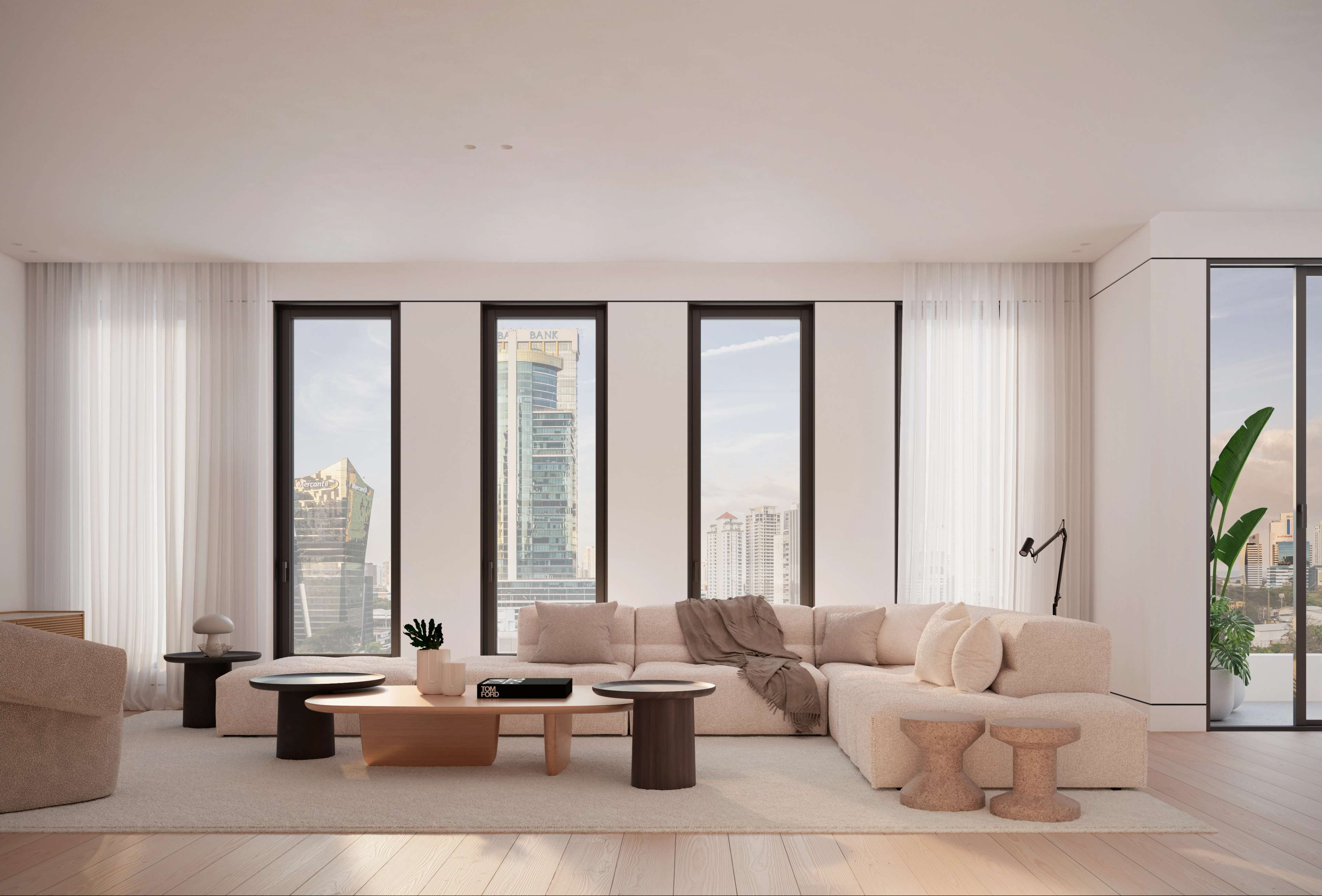 Render de una sala con un sofá seccional color crema, mesas de centro de madera redondas y ventanales que enmarcan la vista a una torre de la ciudad