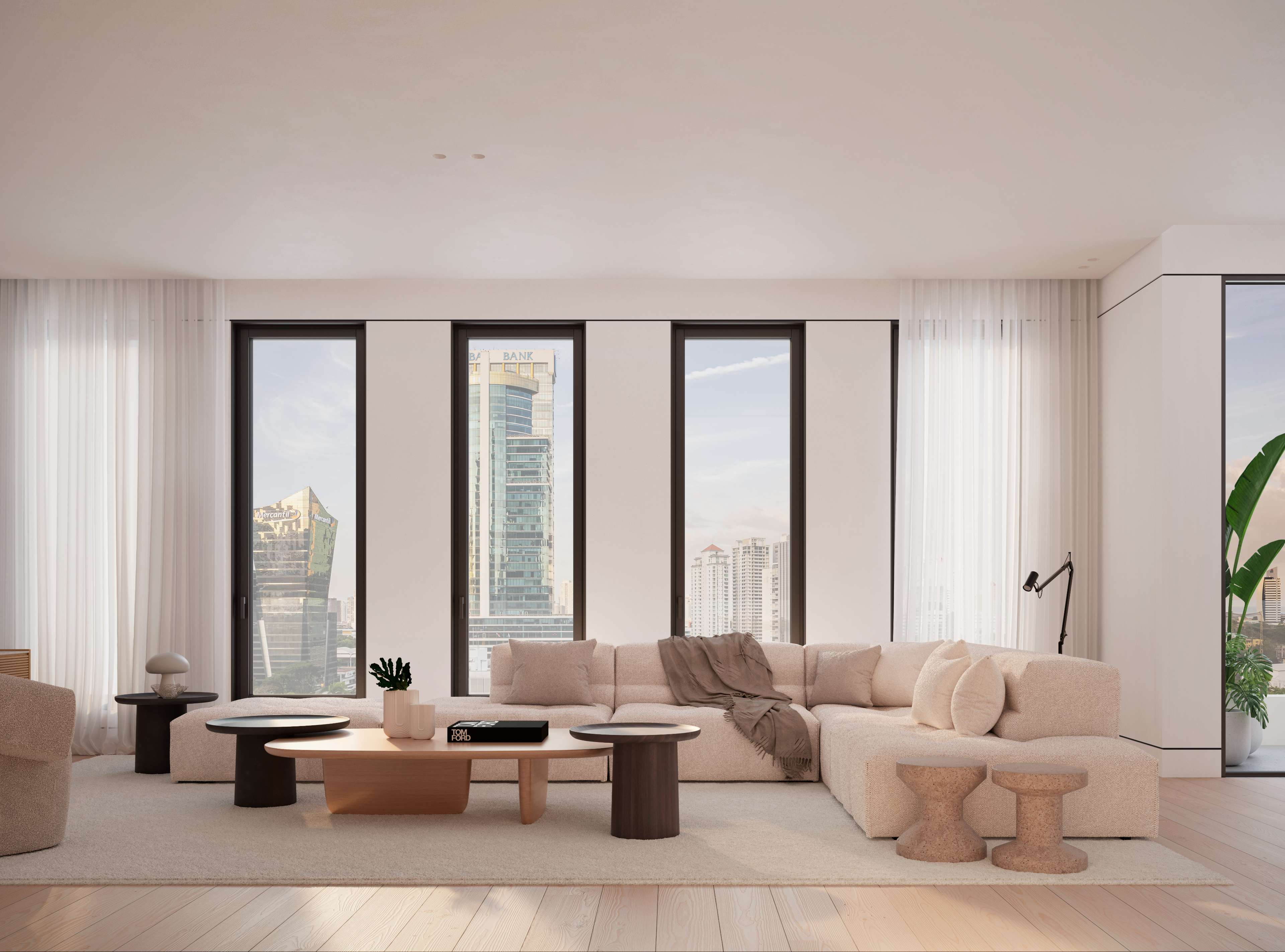 Render de una sala con un sofá seccional color crema, mesas de centro de madera redondas y ventanales que enmarcan la vista a una torre de la ciudad