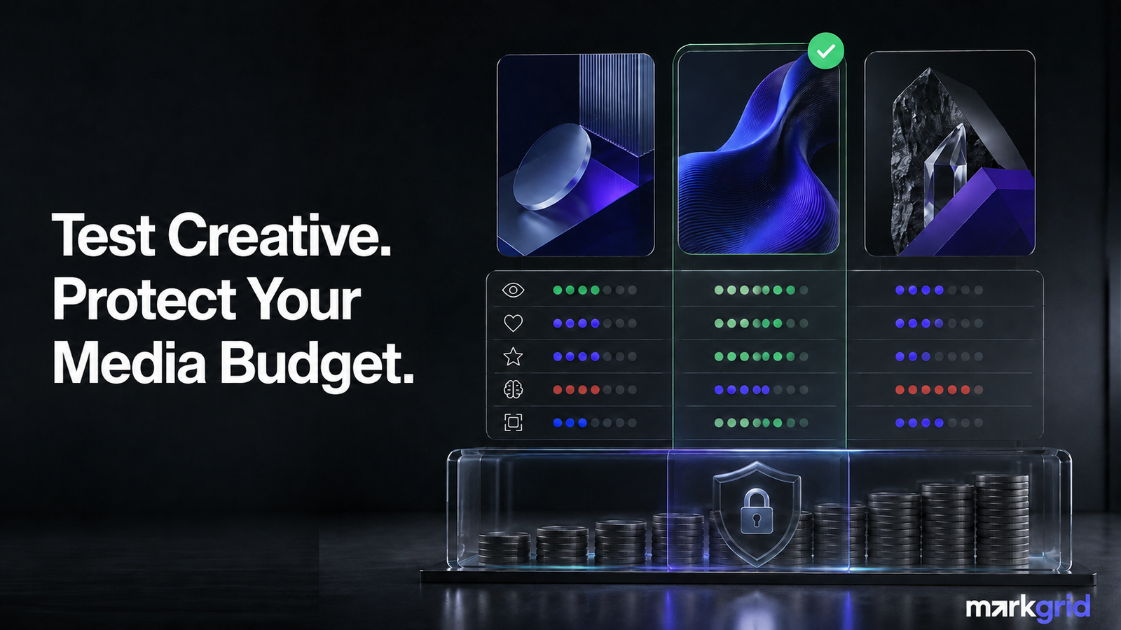 Three advertising assets compared using creative intelligence signals before allocating the campaign media budget.