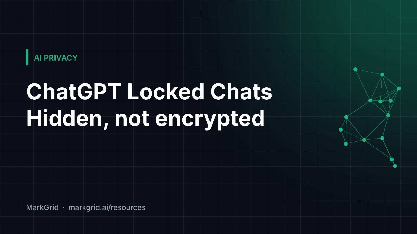 Cover reading "ChatGPT Locked Chats: Hidden, not encrypted" on a dark grid with a green network graphic