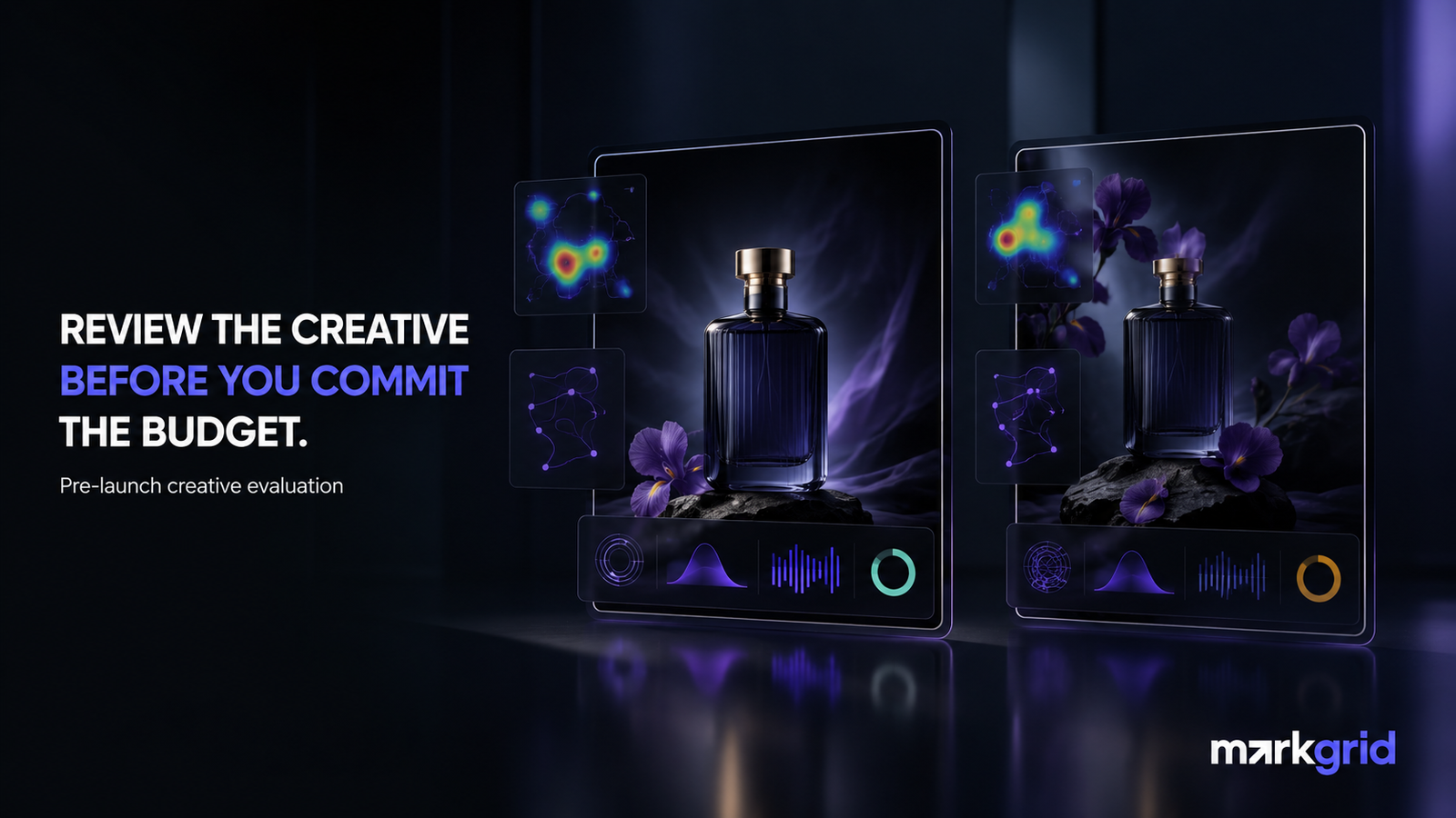 Markgrid Neuro-Marketing hero showing a perfume ad evaluated through saliency, emotion, memorability, cognitive load and aesthetic fit.