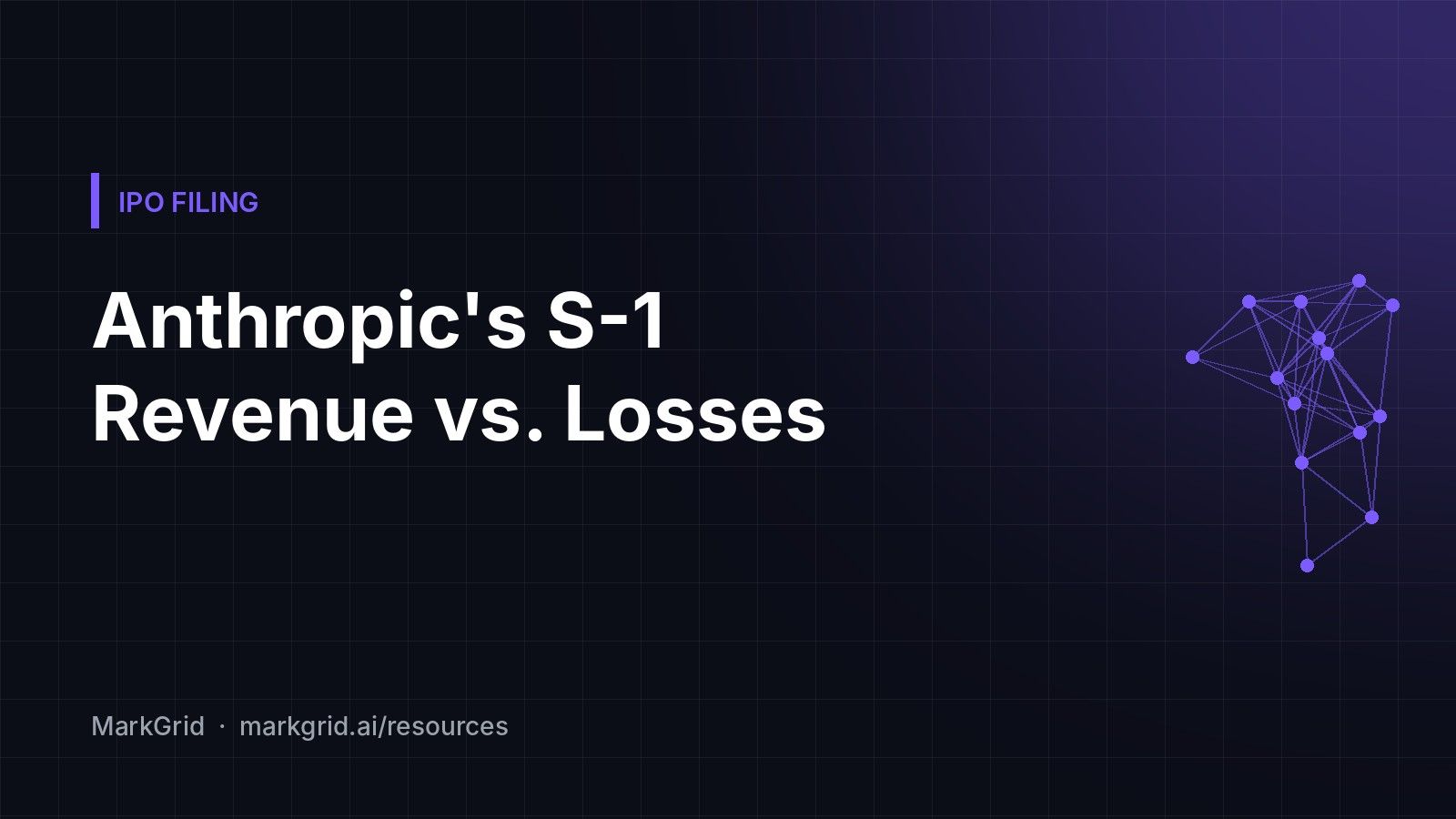 Cover reading "Anthropic's S-1: Revenue vs. Losses" on a dark grid with a purple network graphic