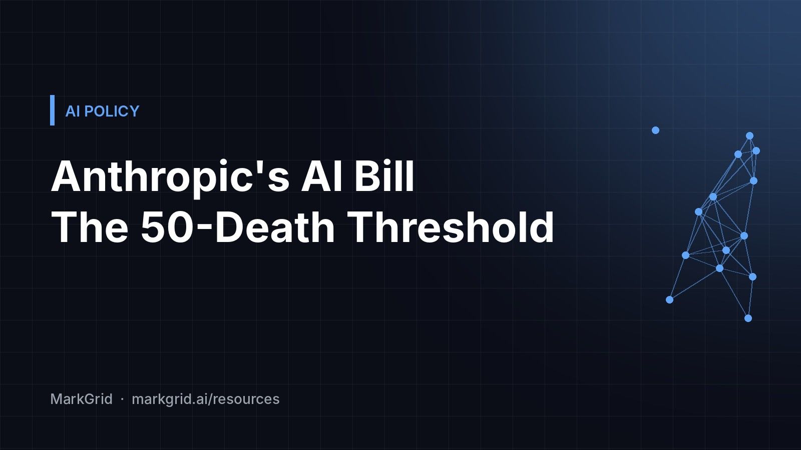 Cover reading "Anthropic's AI Bill: The 50-Death Threshold" on a dark grid with a blue network graphic