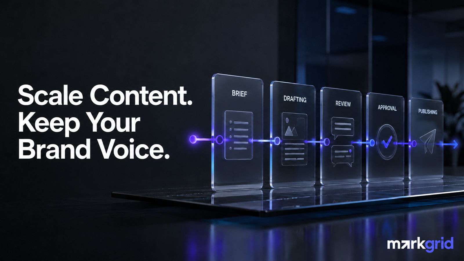 A structured content operations workflow maintaining a consistent brand voice from brief creation through review and publication.