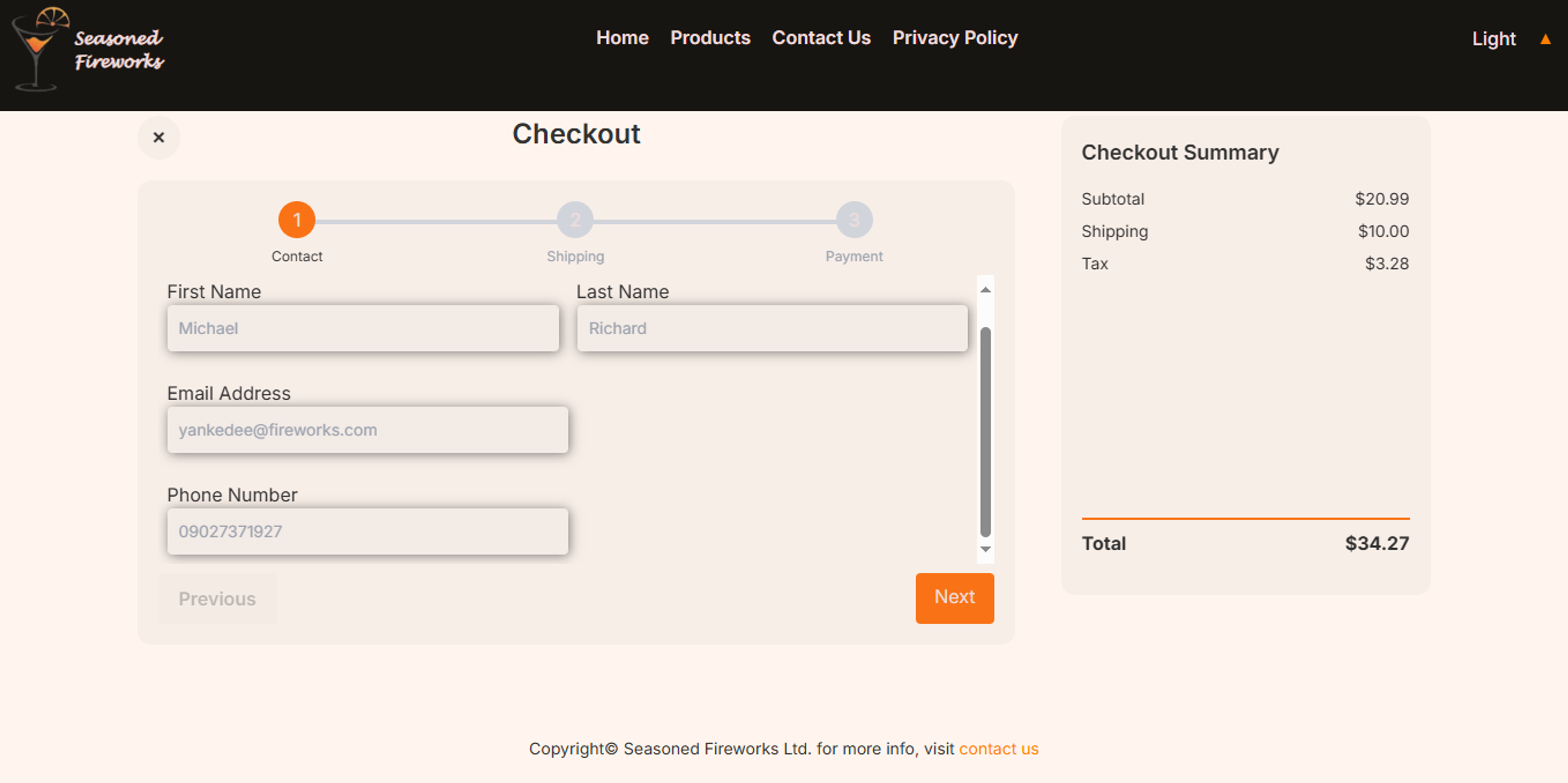 Three-step checkout (Contact, Shipping, Payment) showing the contact details form beside the order summary