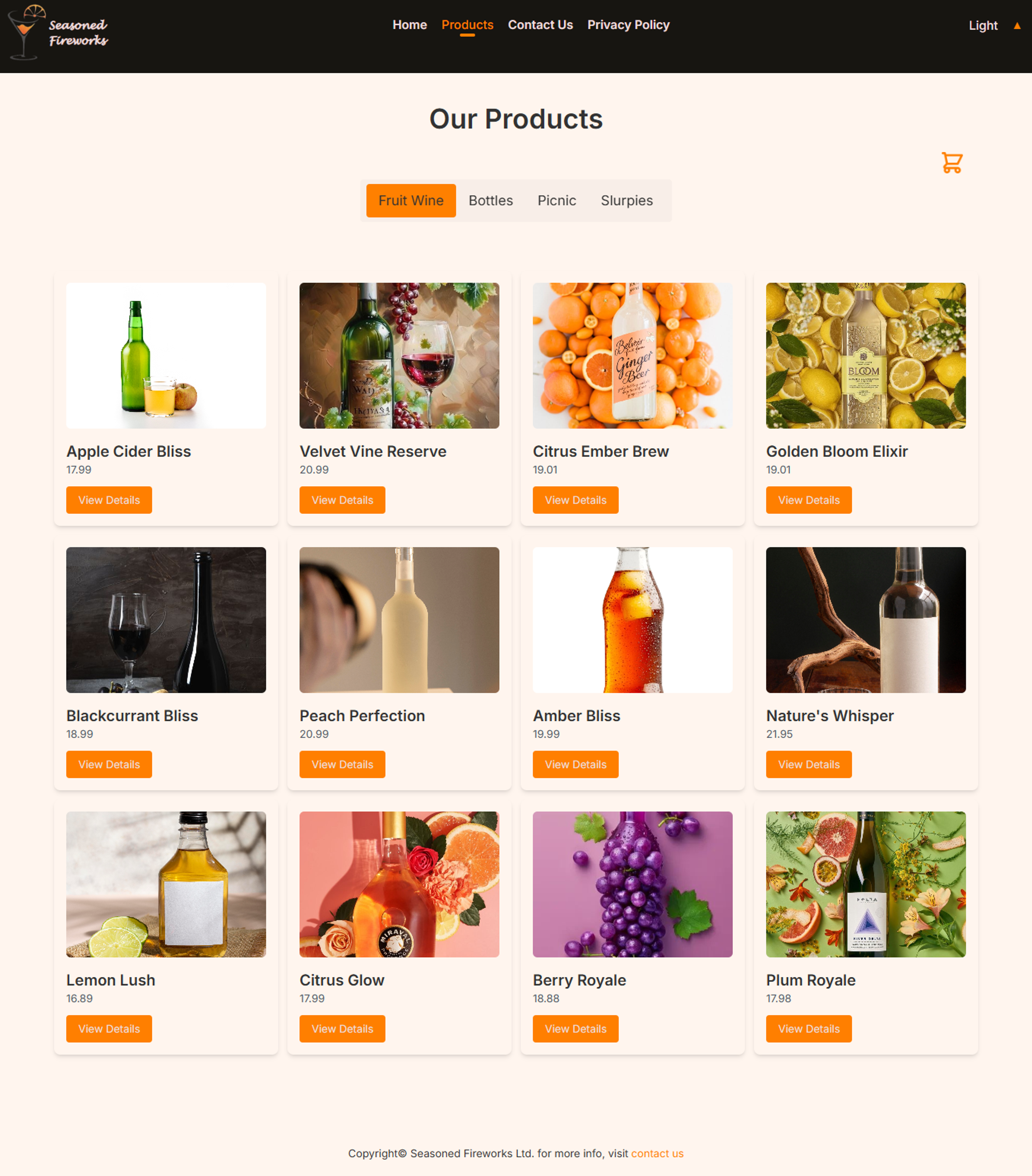 Seasoned Fireworks products page listing the drinks