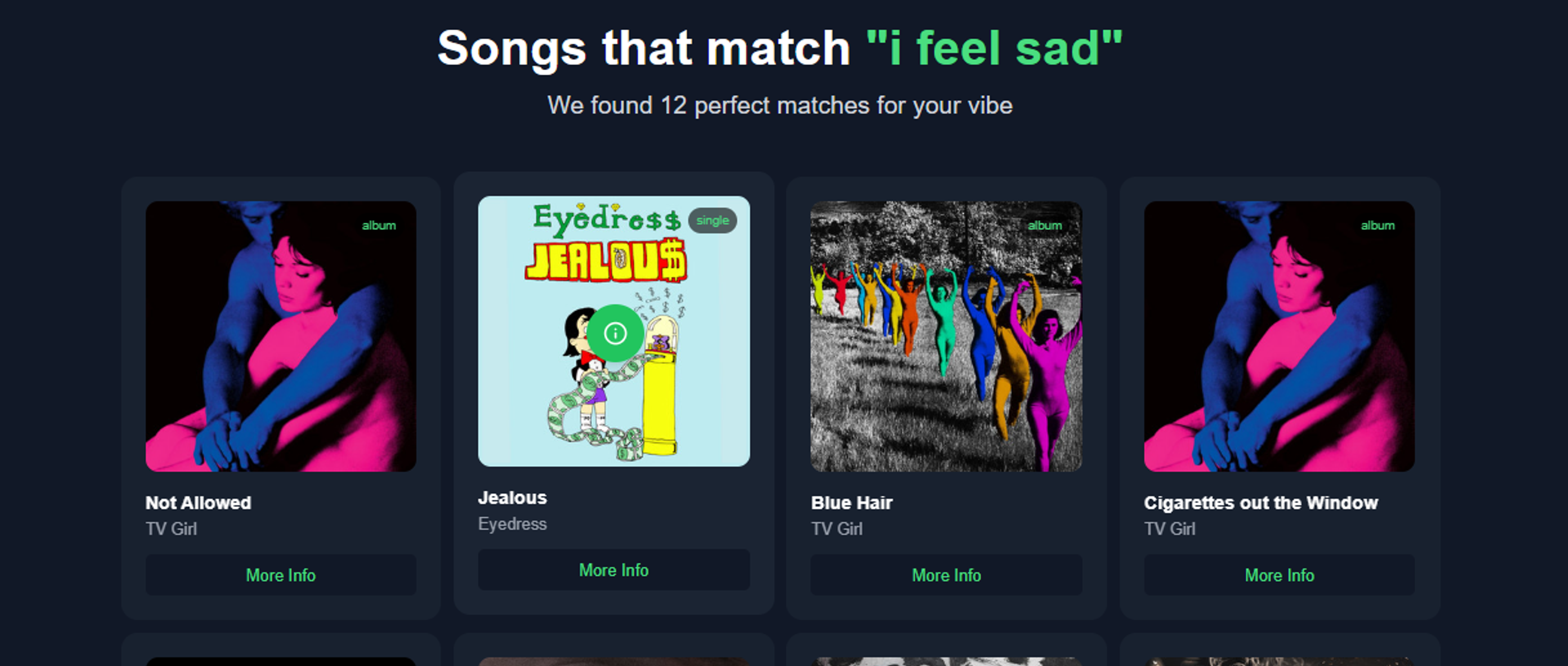 Results page: “Songs that match ‘i feel sad’” with a grid of album covers and More Info buttons