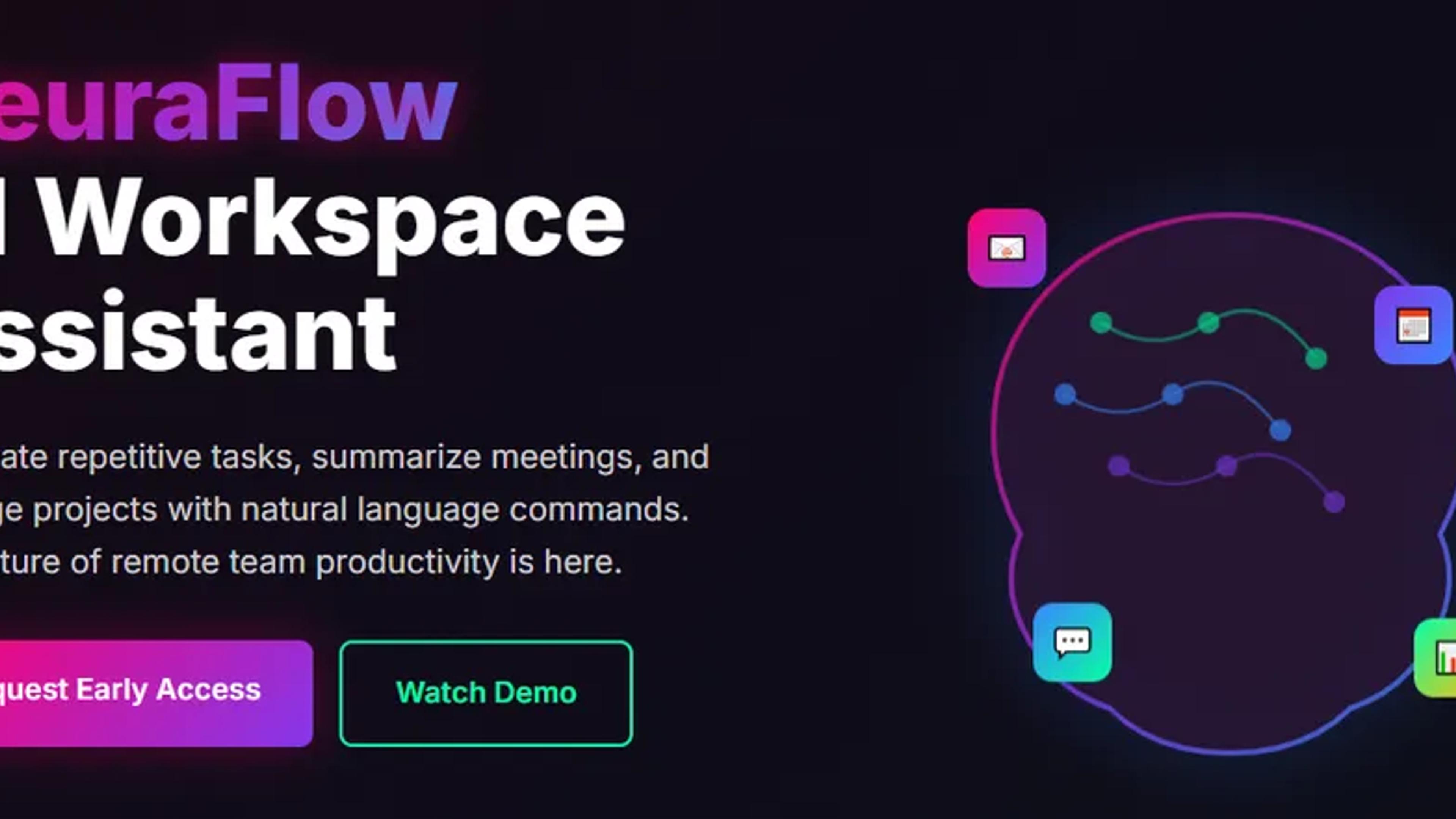 NeuraFlow landing page with the headline “AI Workspace Assistant” on a dark background