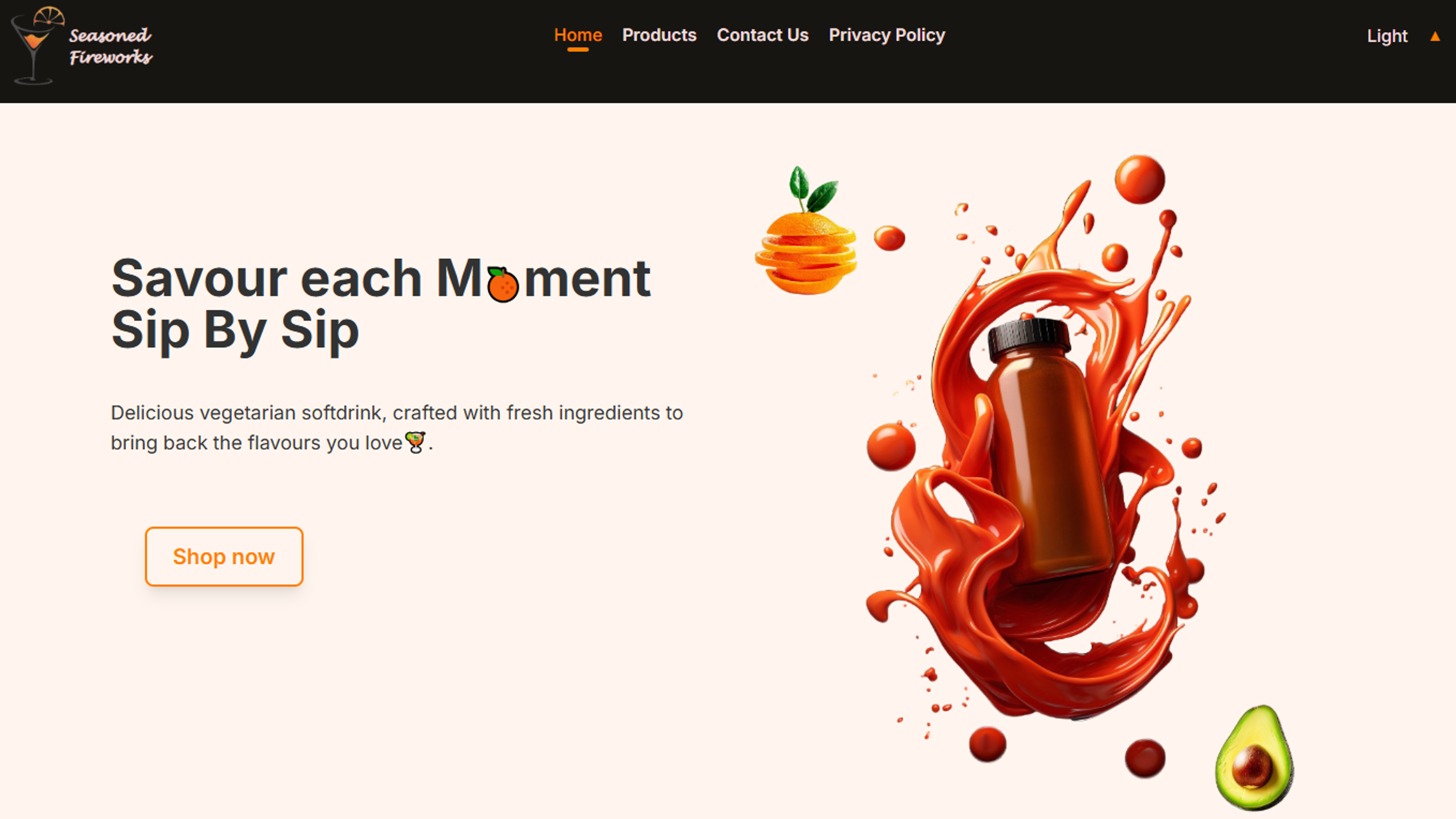 Seasoned Fireworks homepage: “Savour each Moment Sip By Sip” beside a bottle in a splash of red juice, with Our Values cards and a newsletter sign-up below
