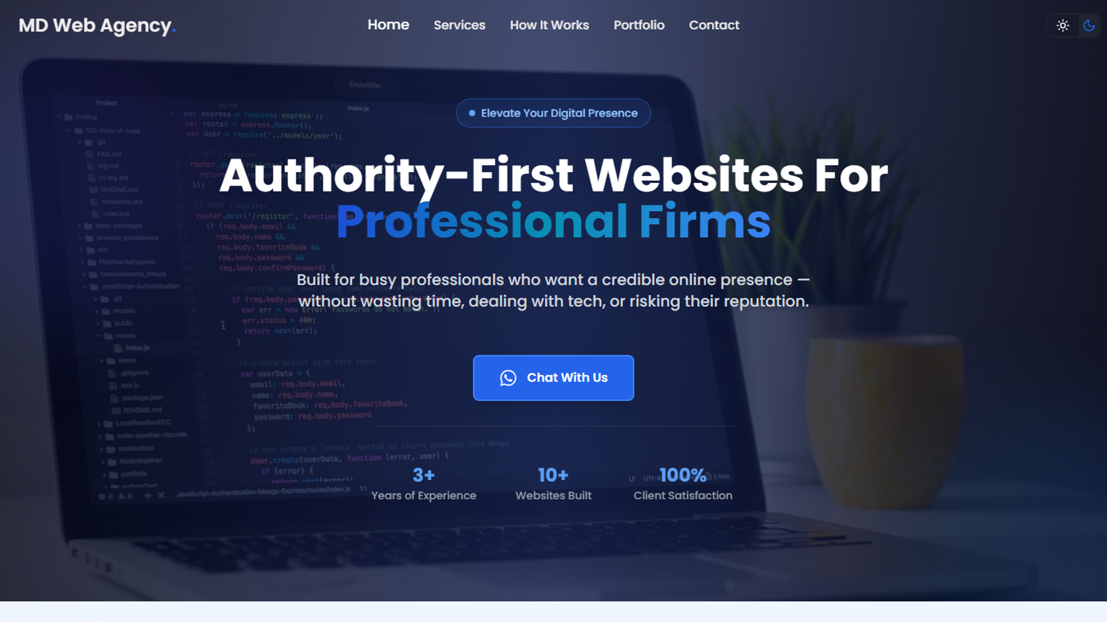 MD Web Agency homepage with the headline “Authority-First Websites For Professional Firms” over a laptop showing code