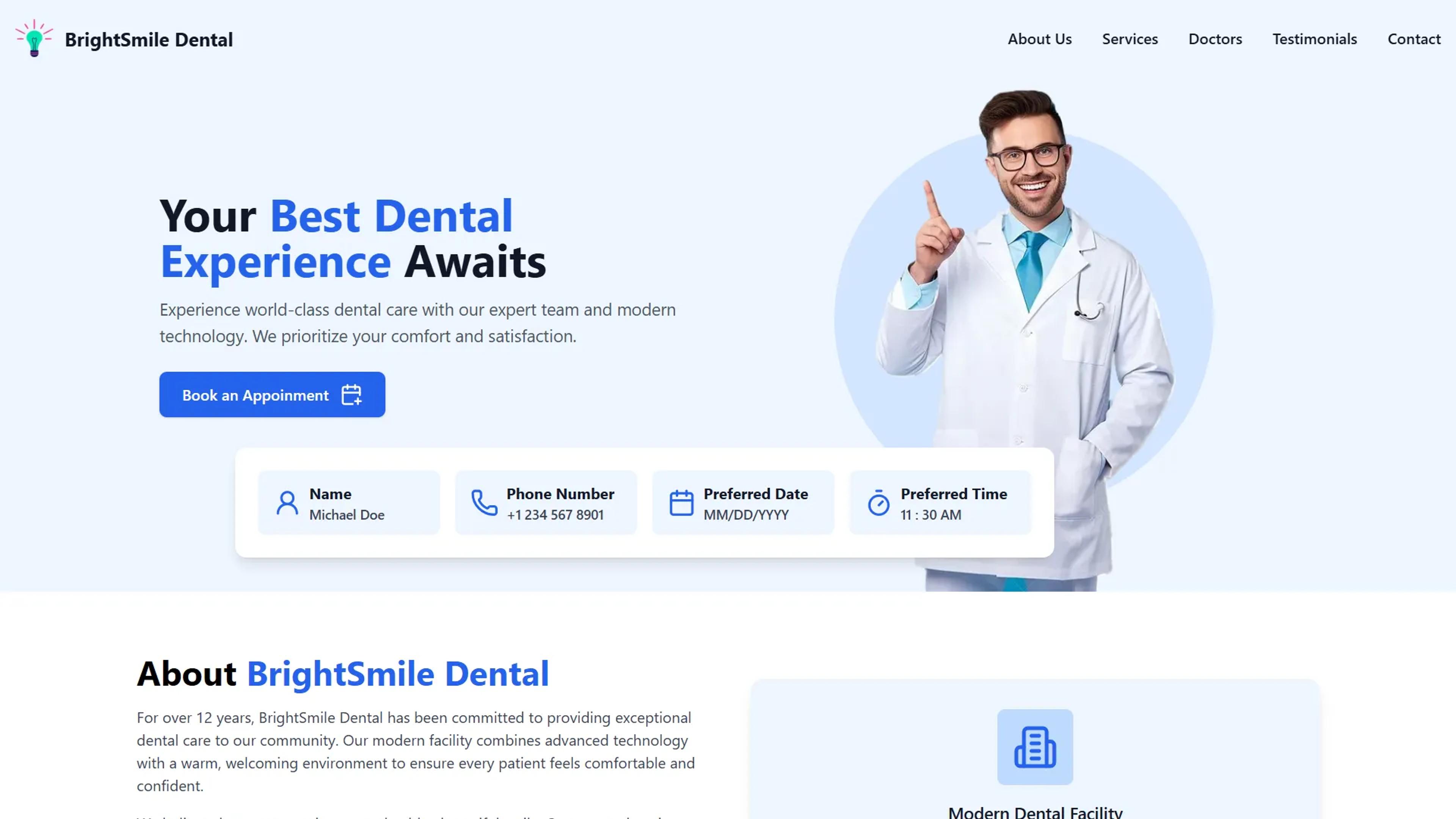 BrightSmile Dental homepage with the headline “Your best dental experience awaits” and an appointment form