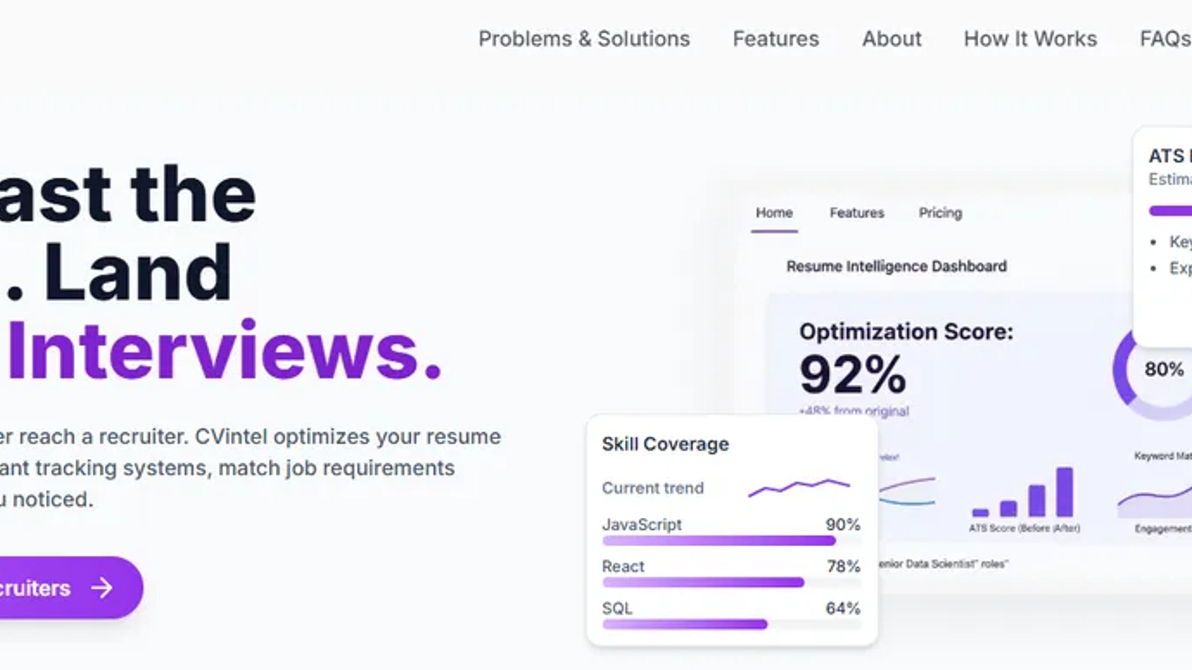 CVIntel homepage with the headline “Get past the ATS… land more interviews” and a resume score dashboard