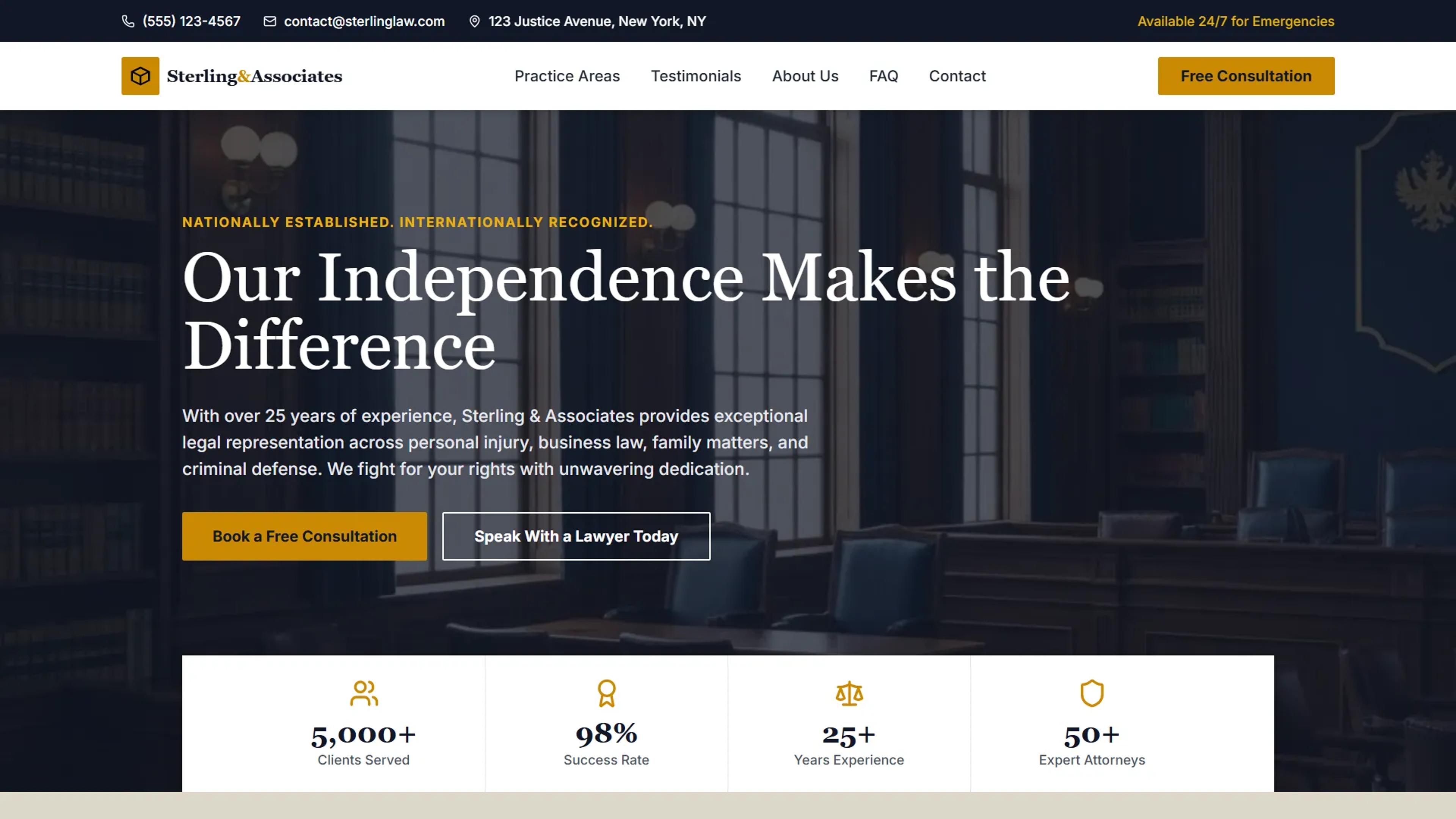 Sterling & Associates law firm page: “Our Independence Makes the Difference” in a navy and gold design, with practice areas, testimonials and an FAQ below