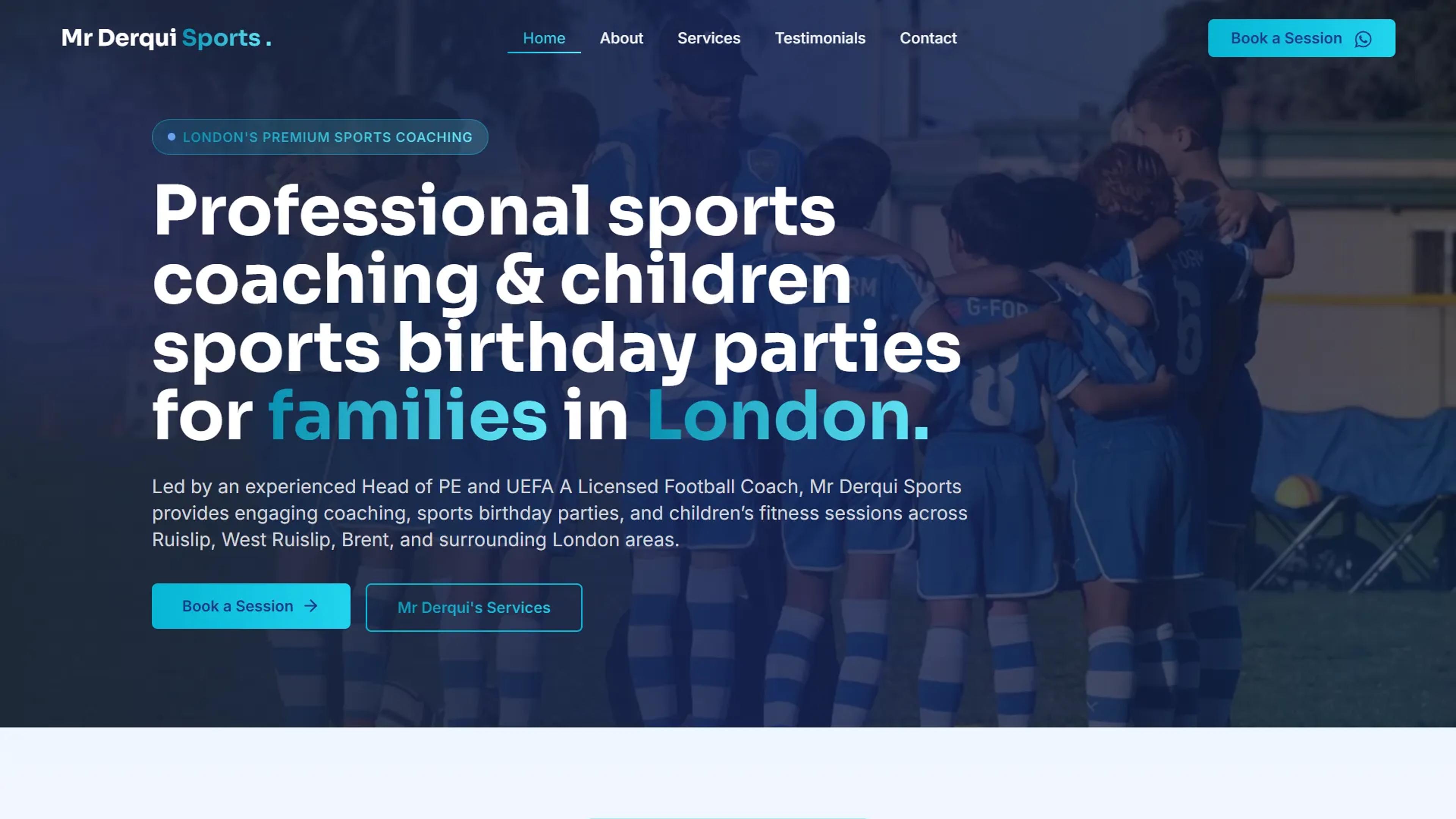 Mr Derqui Sports homepage: “Professional sports coaching & children sports birthday parties for families in London”, with coach credentials, services and a gallery below