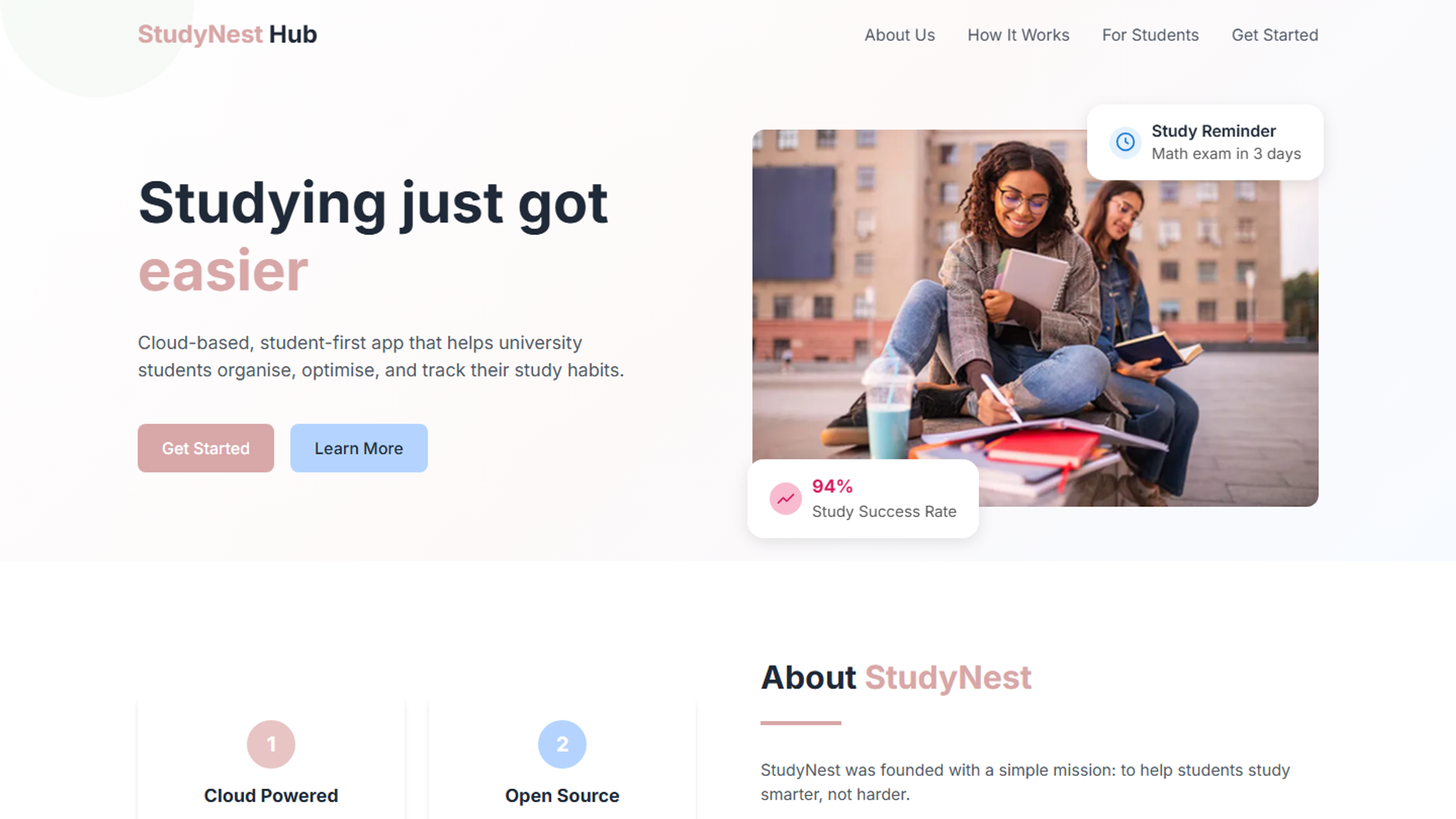 StudyNest Hub landing page with the headline “Studying just got easier” beside a photo of two students studying outdoors