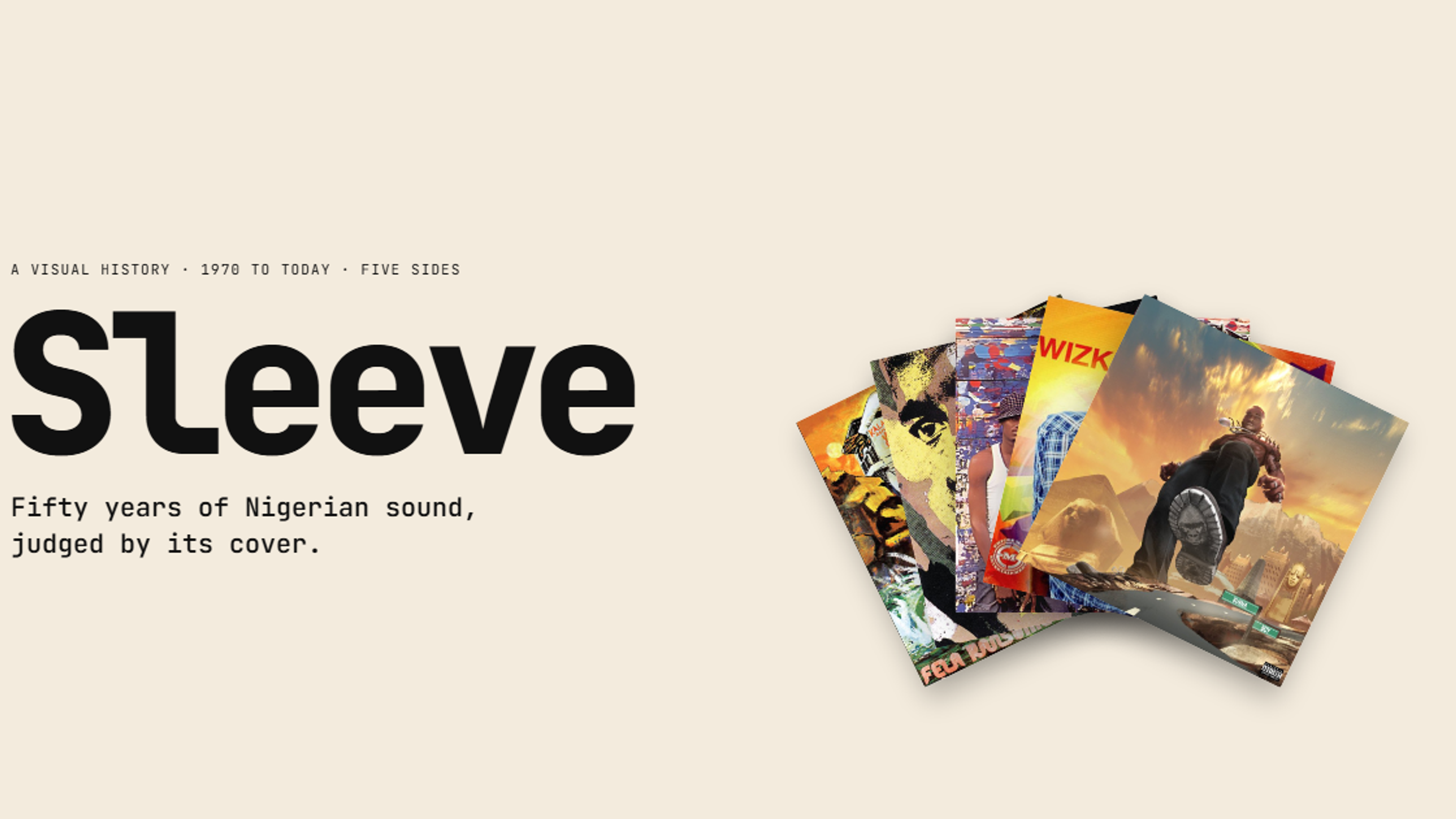 Sleeve share image: the title in a heavy monospace font on cream, with a fan of Nigerian album covers including Burna Boy's African Giant
