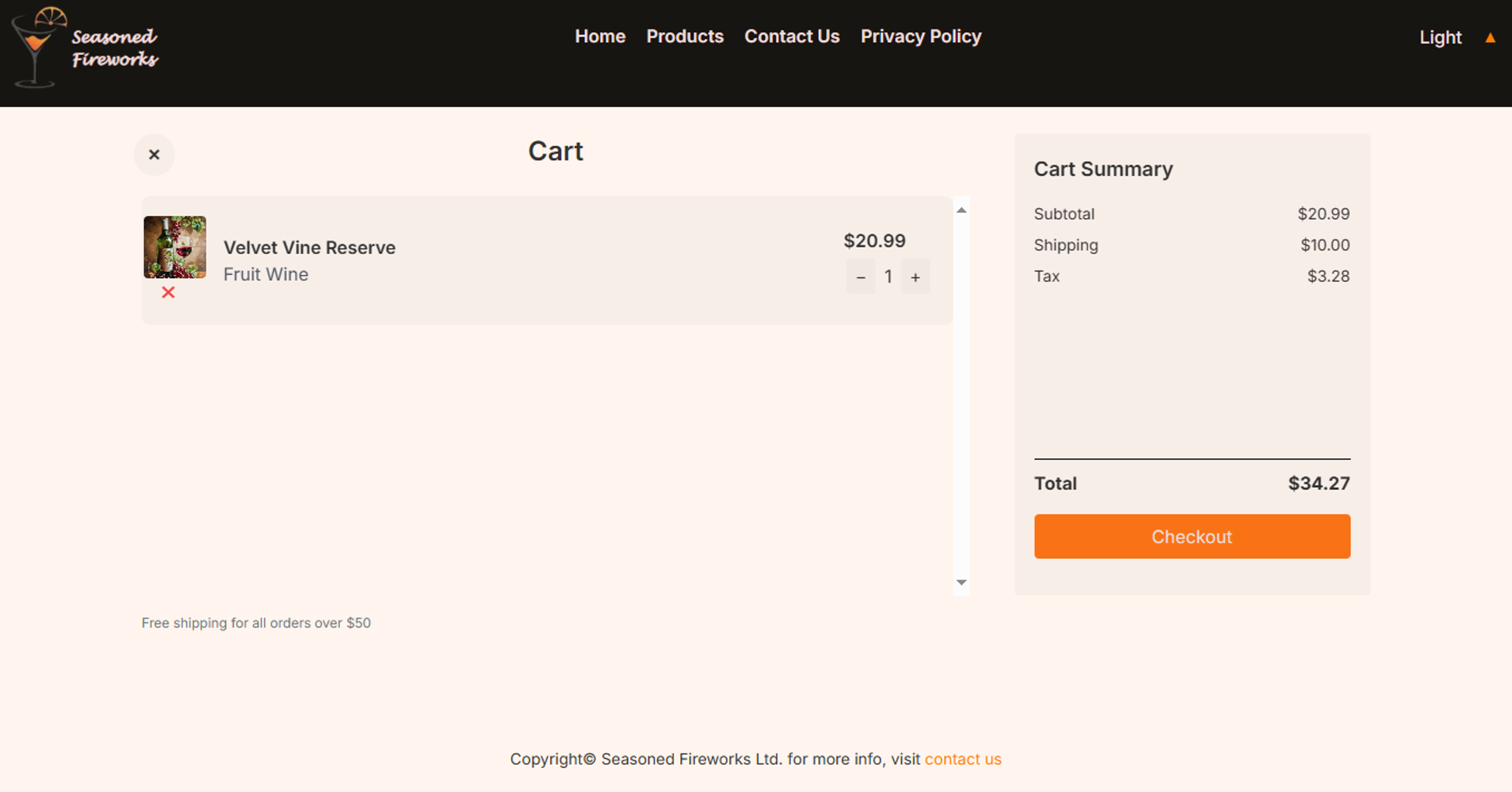 Cart with one item, Velvet Vine Reserve, and a cart summary with subtotal, shipping, tax and a Checkout button