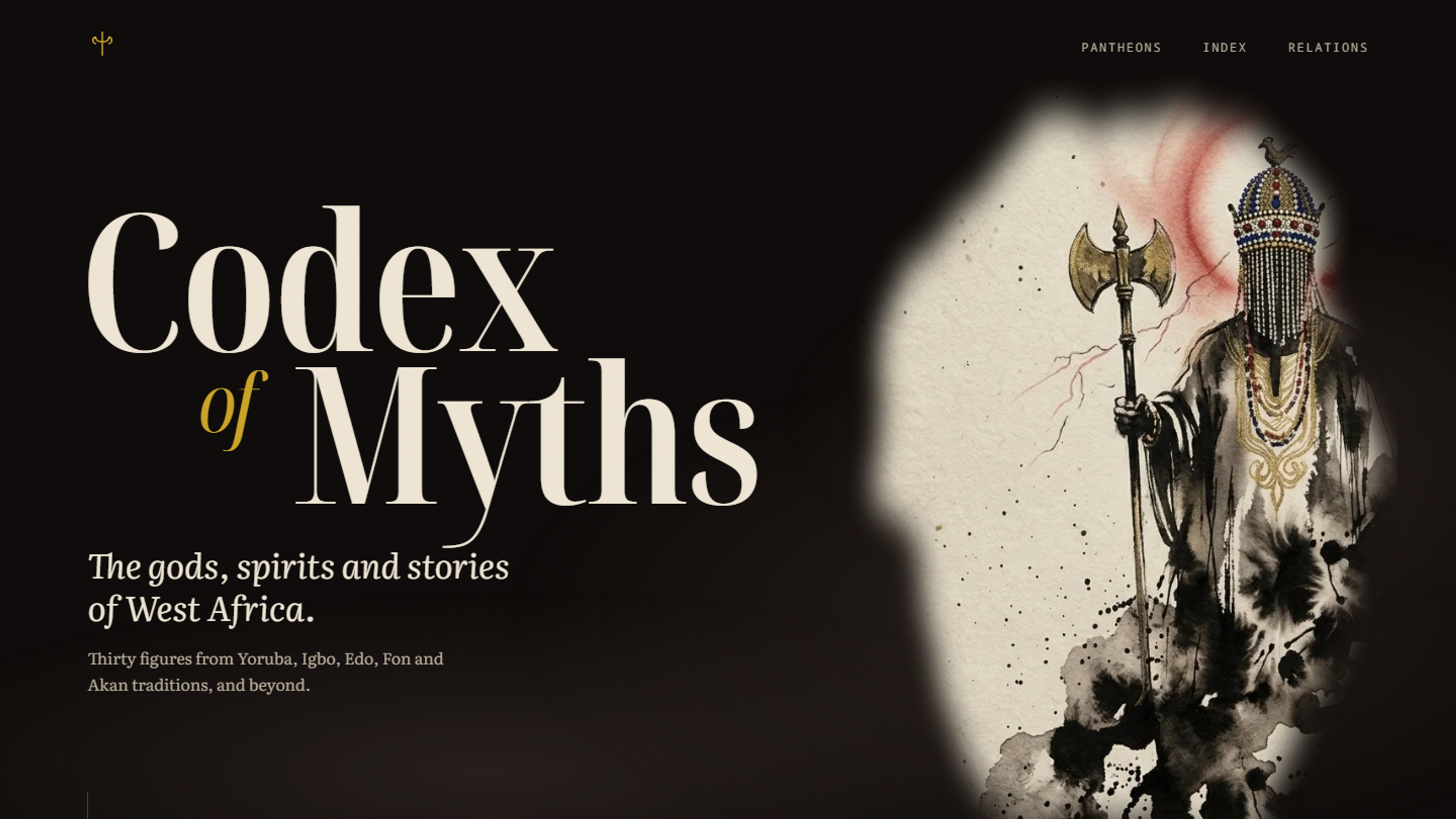 Codex of Myths homepage: the title in large serif type on a dark background beside an ink illustration of a crowned, veiled figure holding a double axe