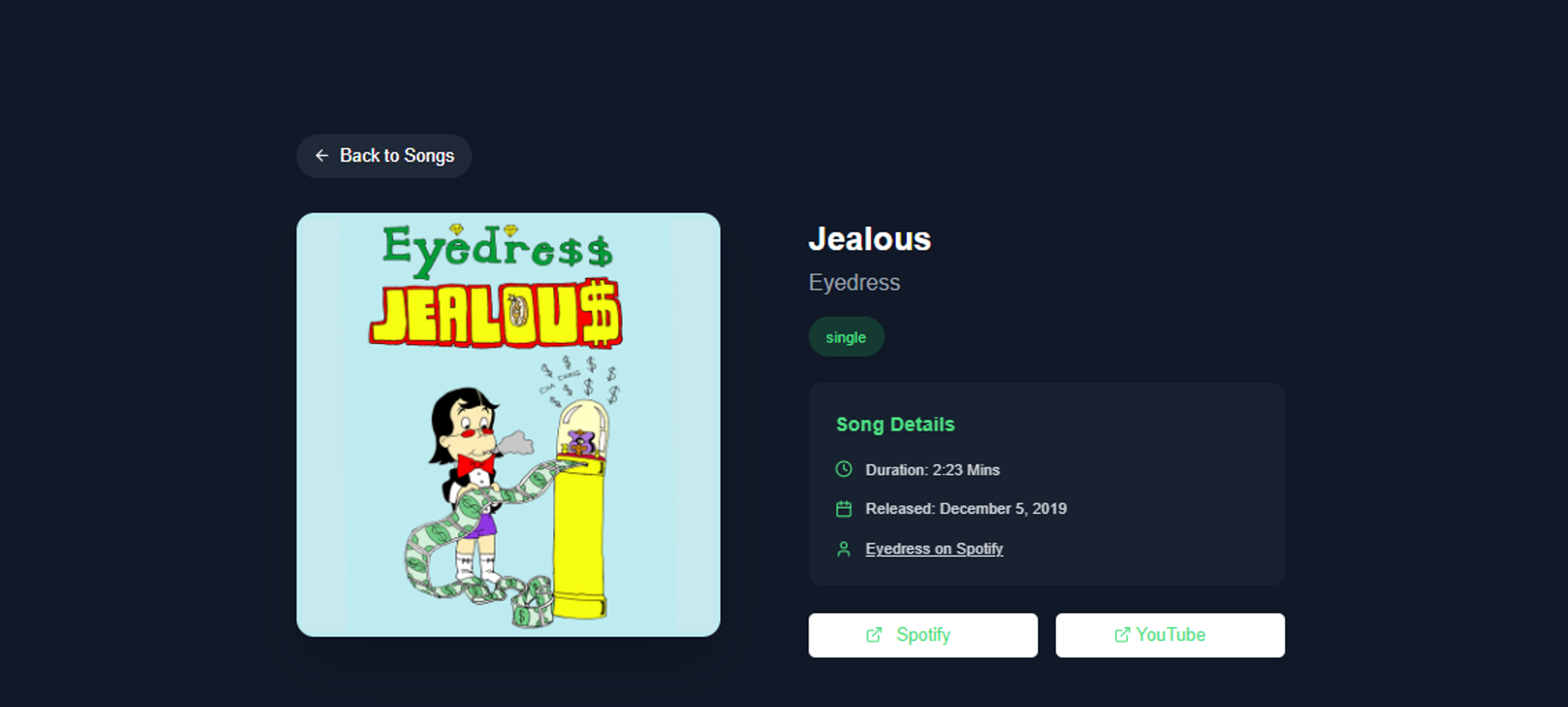 Track detail page for “Jealous” by Eyedress, with duration, release date and buttons to open it on Spotify or YouTube