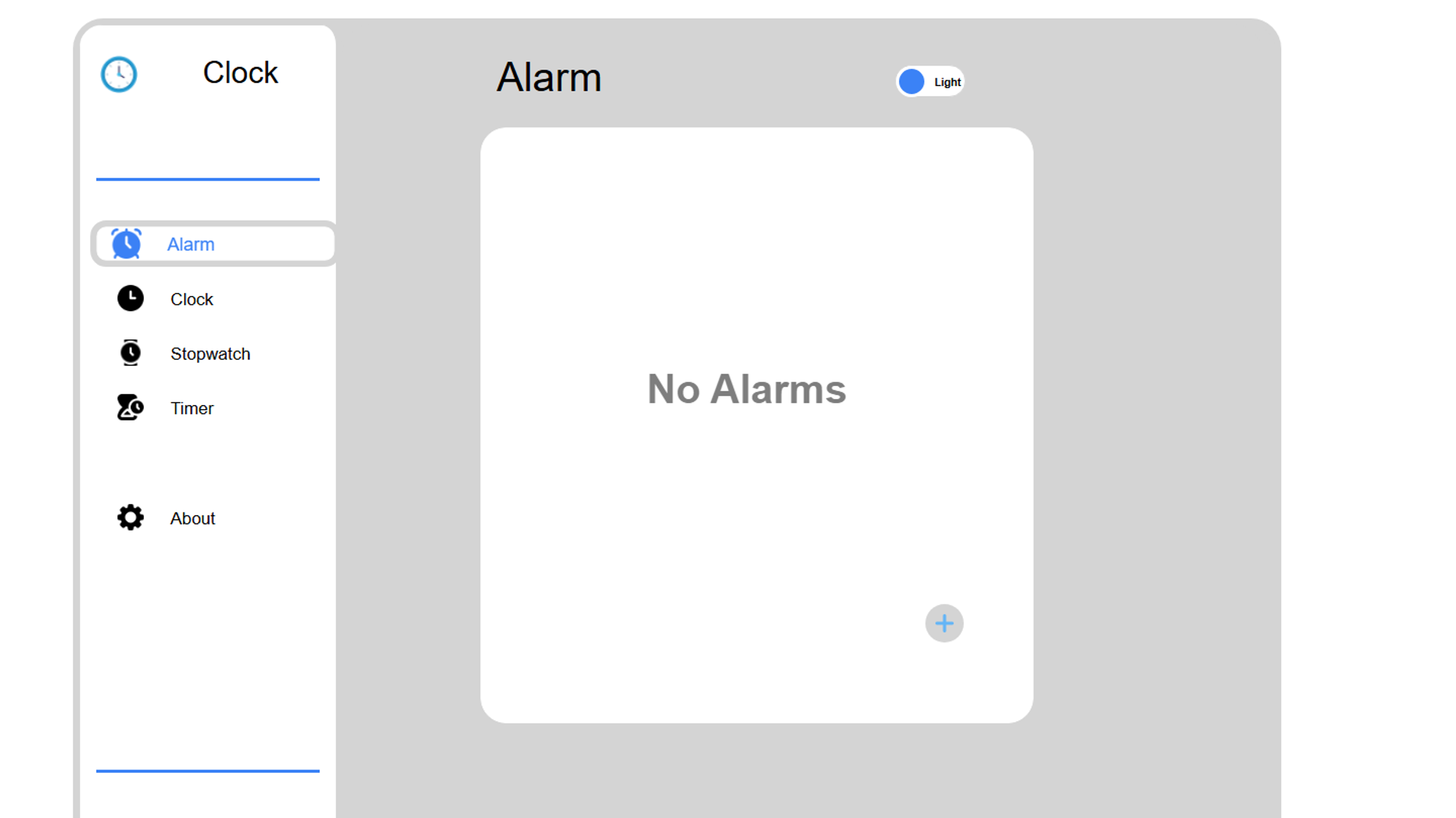 Clock web app showing the Alarm screen, with a sidebar for Alarm, Clock, Stopwatch, Timer and About, and a light and dark mode switch