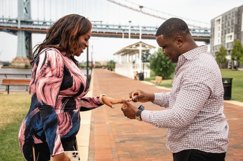 Ben Franklin Bridge Proposal on the Delaware Waterfront – surprise proposal at RCA Pier, Philadelphia skyline, Philadelphia