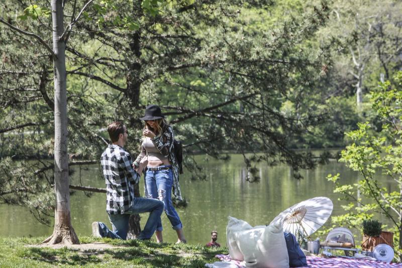 Chris proposing to Jenna beside a lake, a picnic set up nearby