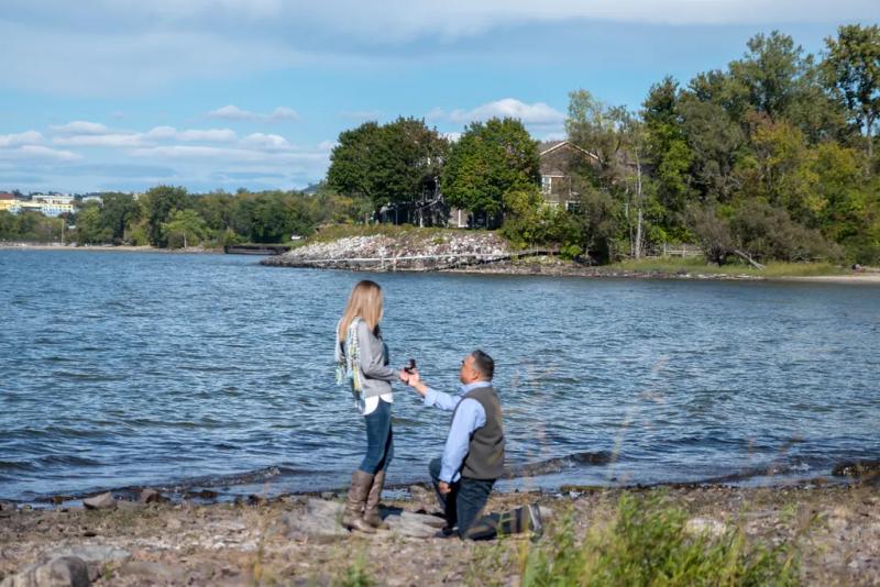 Sunny Lakeside Proposal on Lake Champlain – surprise proposal at Lake Champlain, Burlington, Burlington