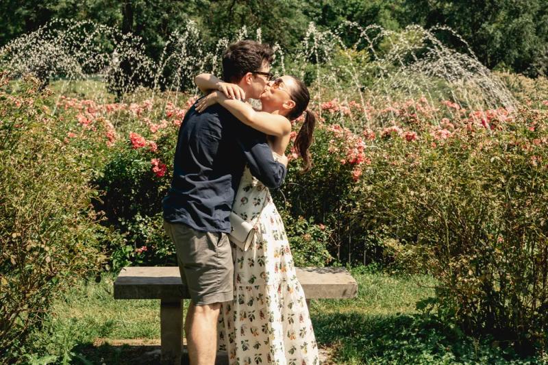 Rose Garden Proposal by the Fountains – surprise proposal at Whetstone Park of Roses, Columbus