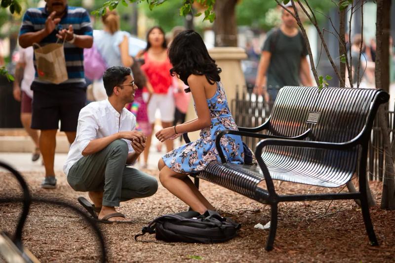 Prabhav and Ragha – surprise proposal at Connors Park, Chicago