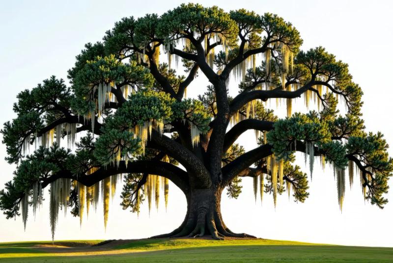 View of the Tree of Life in New Orleans, a large oak tree with sprawling branches draped in Spanish moss, set against a bright sky.