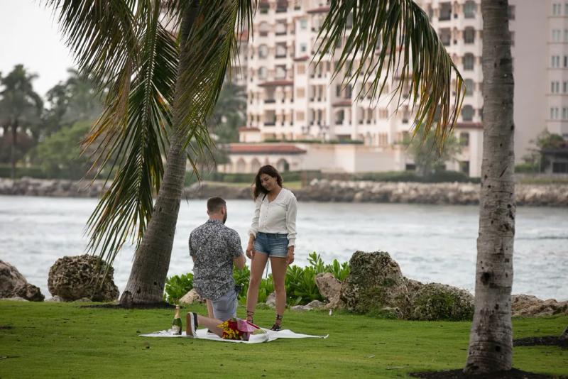 Miami Proposal Photography: Mendel's South Pointe Park Proposal – surprise proposal at South Pointe Park, Miami