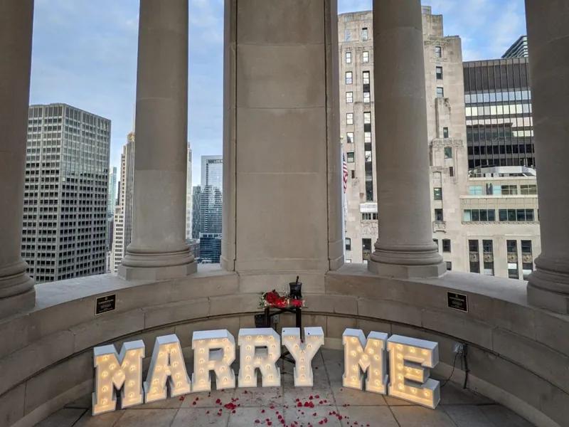 Marry Me letters in the LondonHouse rooftop cupola above the Chicago River