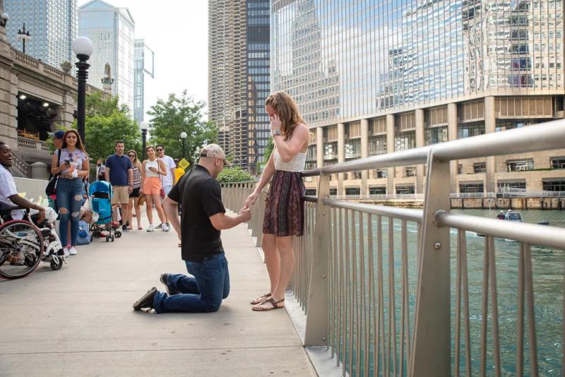 Lance’s Riverwalk proposal – surprise proposal at Chicago Riverwalk, Chicago