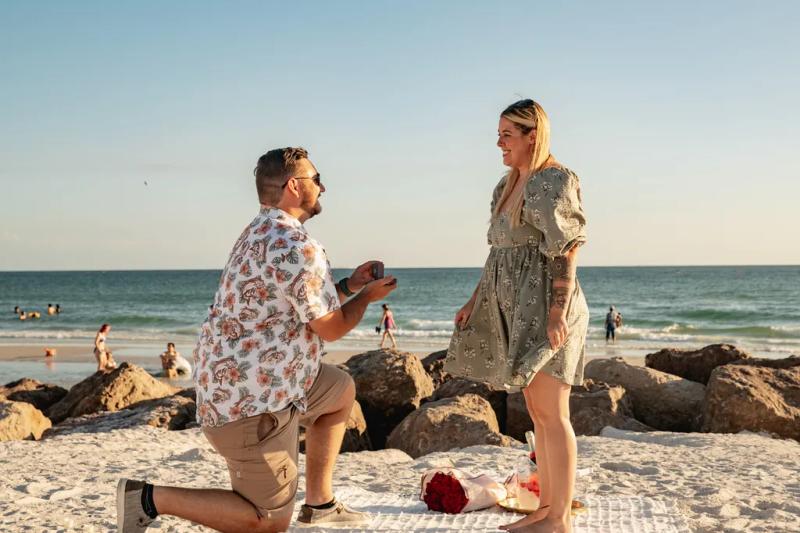 Golden Hour Beach Picnic Proposal on the Gulf – surprise proposal at Gulf Coast Beach, Tampa