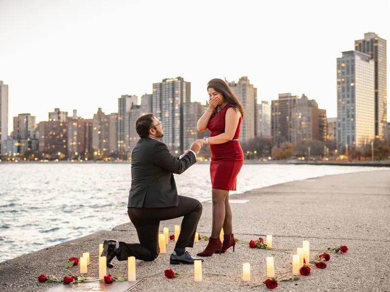Proposal on the Chicago lakefront framed by candles and roses