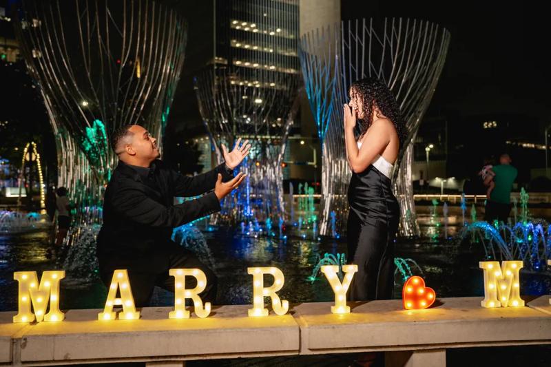 Night Proposal by the Glowing Fountains in Uptown – surprise proposal at Klyde Warren Park, Dallas