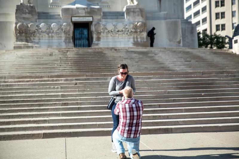 Proposal on the Steps of Monument Circle – surprise proposal at Monument Circle, Indianapolis, Indianapolis