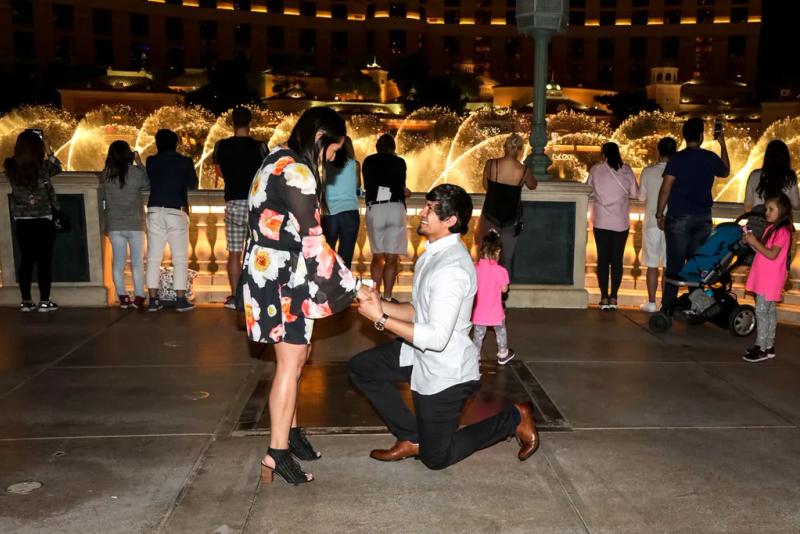 Las Vegas Proposal Photography| Marcial's Engagement Proposal – surprise proposal at Bellagio Fountains, Las Vegas