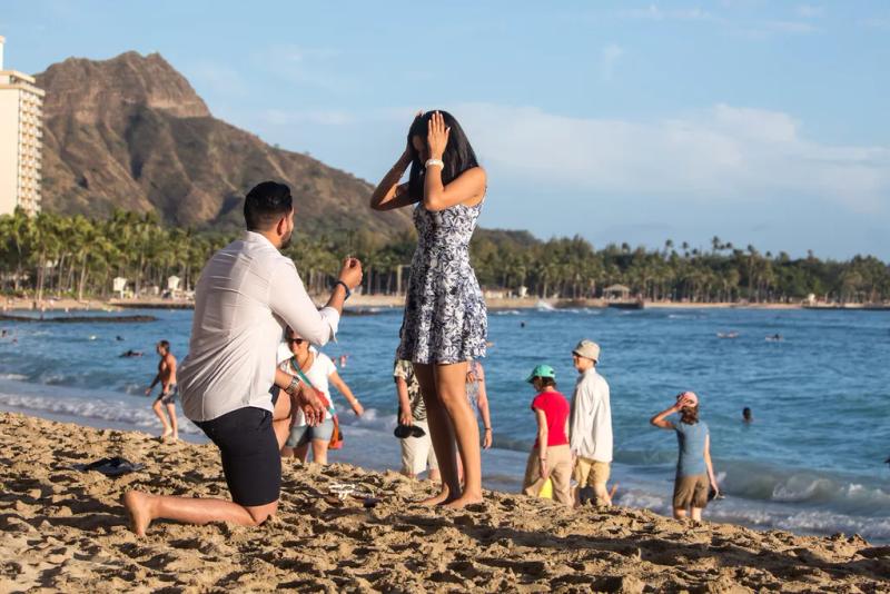 Sunset Proposal on Waikiki Beach – surprise proposal at Waikiki Beach, Oahu, Hawaii