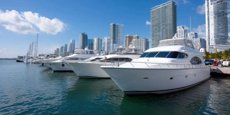 Luxury yachts docked along a marina in Miami with the city skyline of modern high rise buildings in the background, calm blue water in the foreground, and a bright sunny sky overhead.