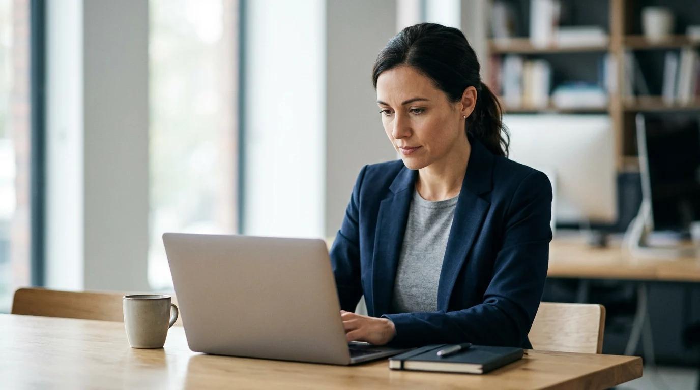 Businesswoman analyzing customer data on laptop for smart inbox