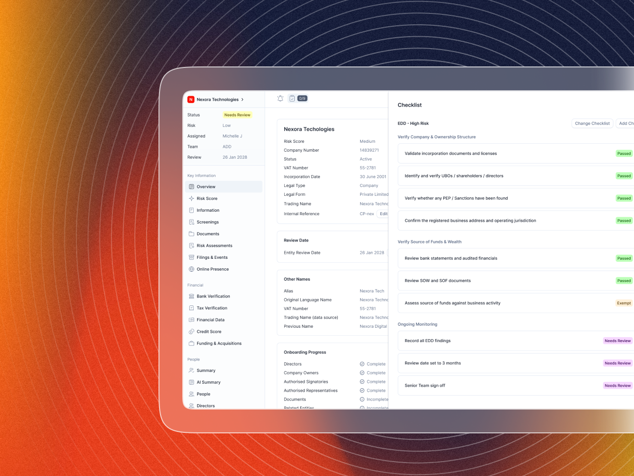 Detected case management interface with an enhanced due diligence checklist